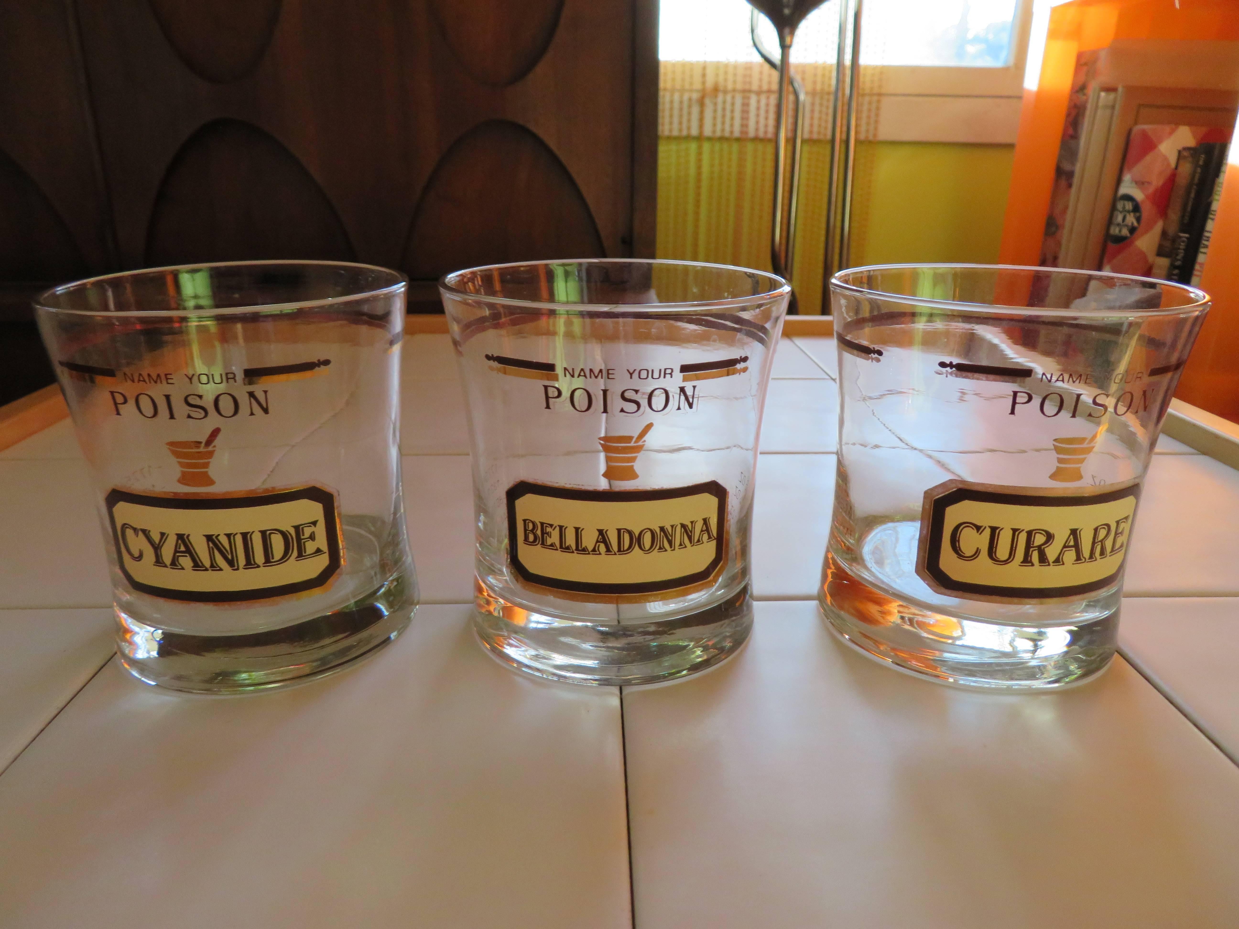 American Fun Set of Six Name Your Poison Rocks Glasses Ice Bucket, Mid-Century Modern For Sale