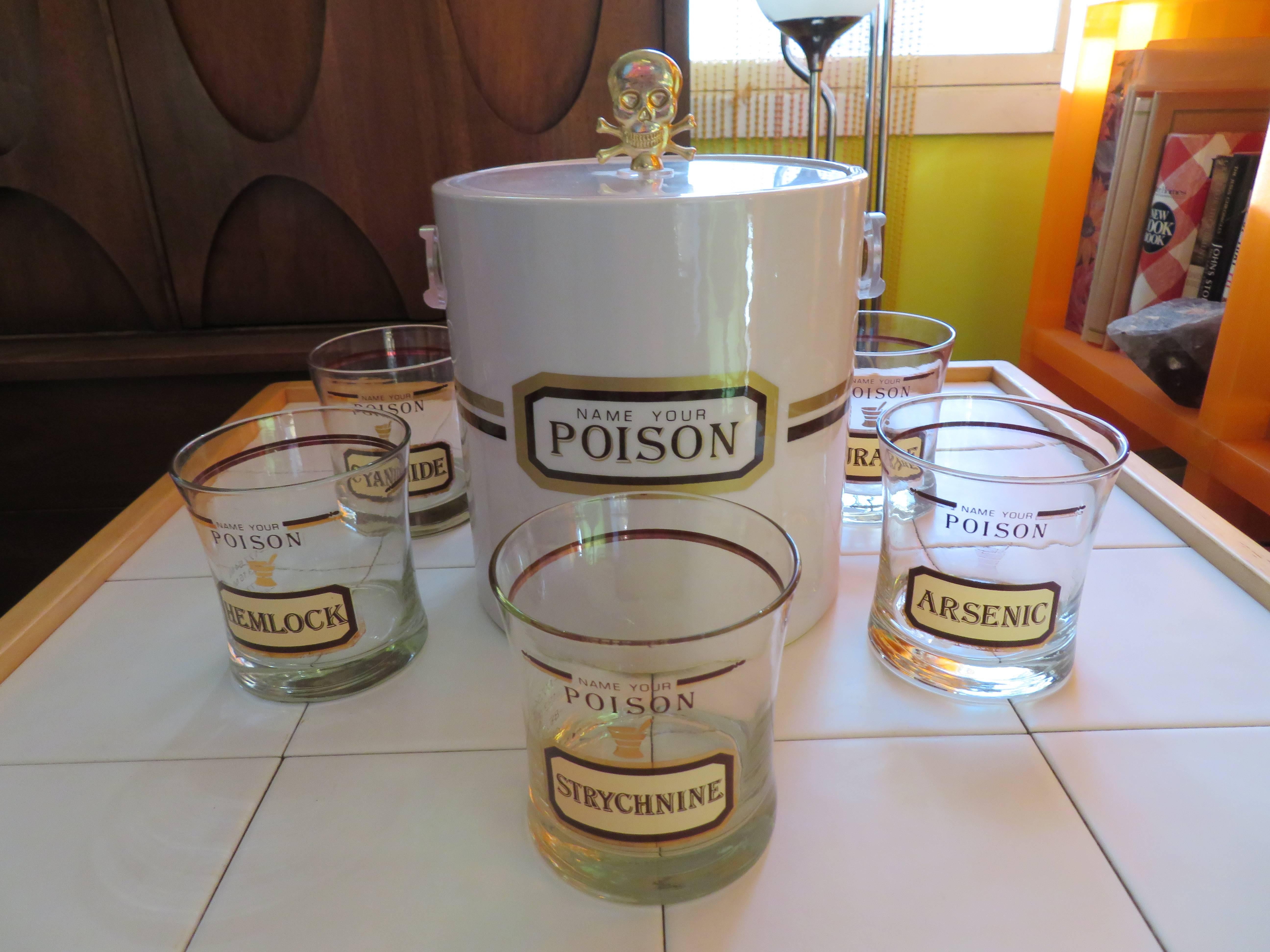 Fun Set of Six Name Your Poison Rocks Glasses Ice Bucket, Mid-Century Modern For Sale 2