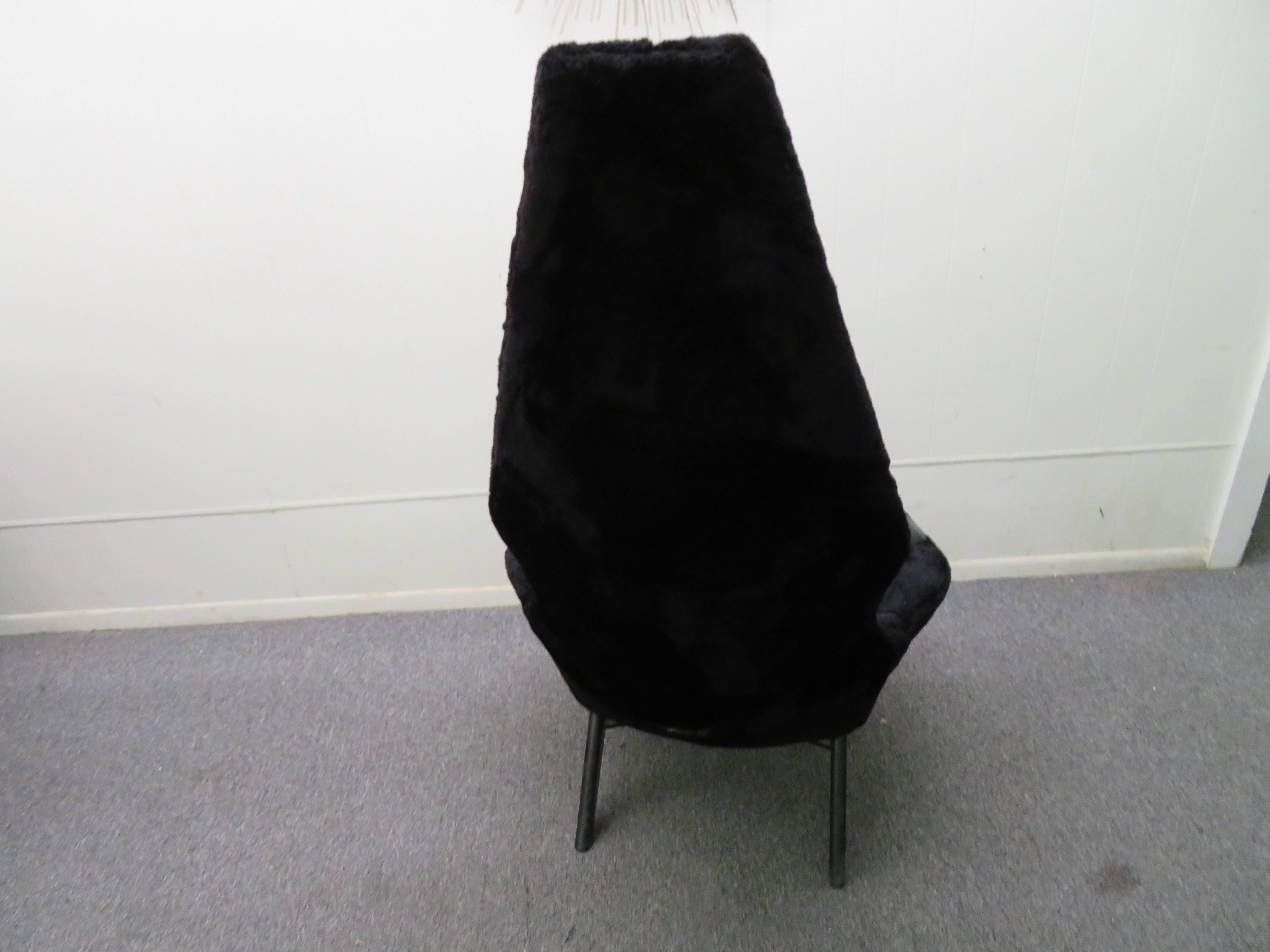 Lovely labeled Adrian Pearsall tall back lounge chair. This chair will need to be re-upholstered, the fabric is worn and foam in seat is hard but the original black lacquered finish is in fine shape. Please check out the huge selection of other