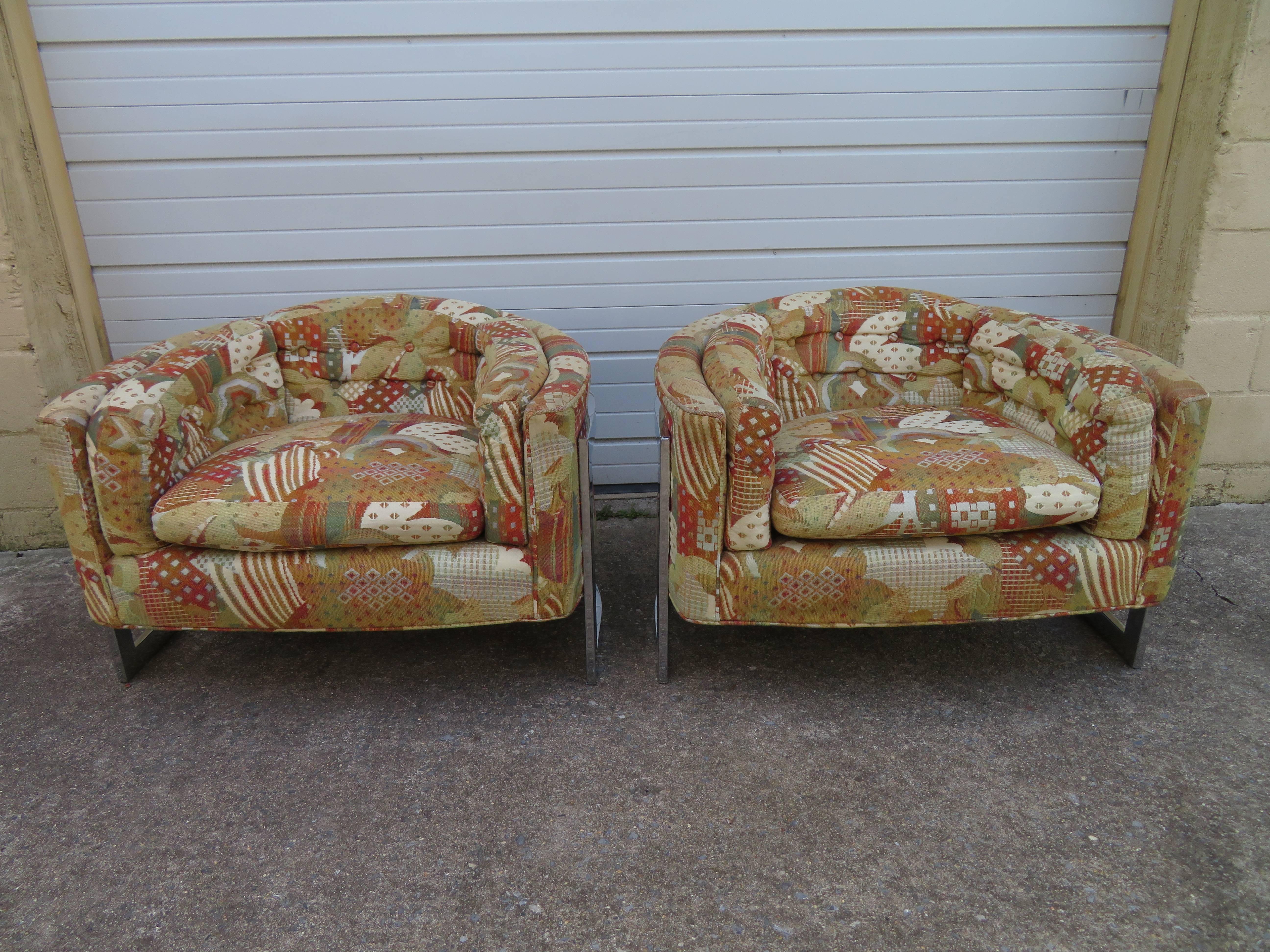 Fabulous pair of Metropolitan wide seat barrel back lounge chairs designed by Jules Heumann. These will need to be re-upholstered but that's what you designers are looking for anyway-right? These chairs measure 26.5" T x 38" W x 30" D