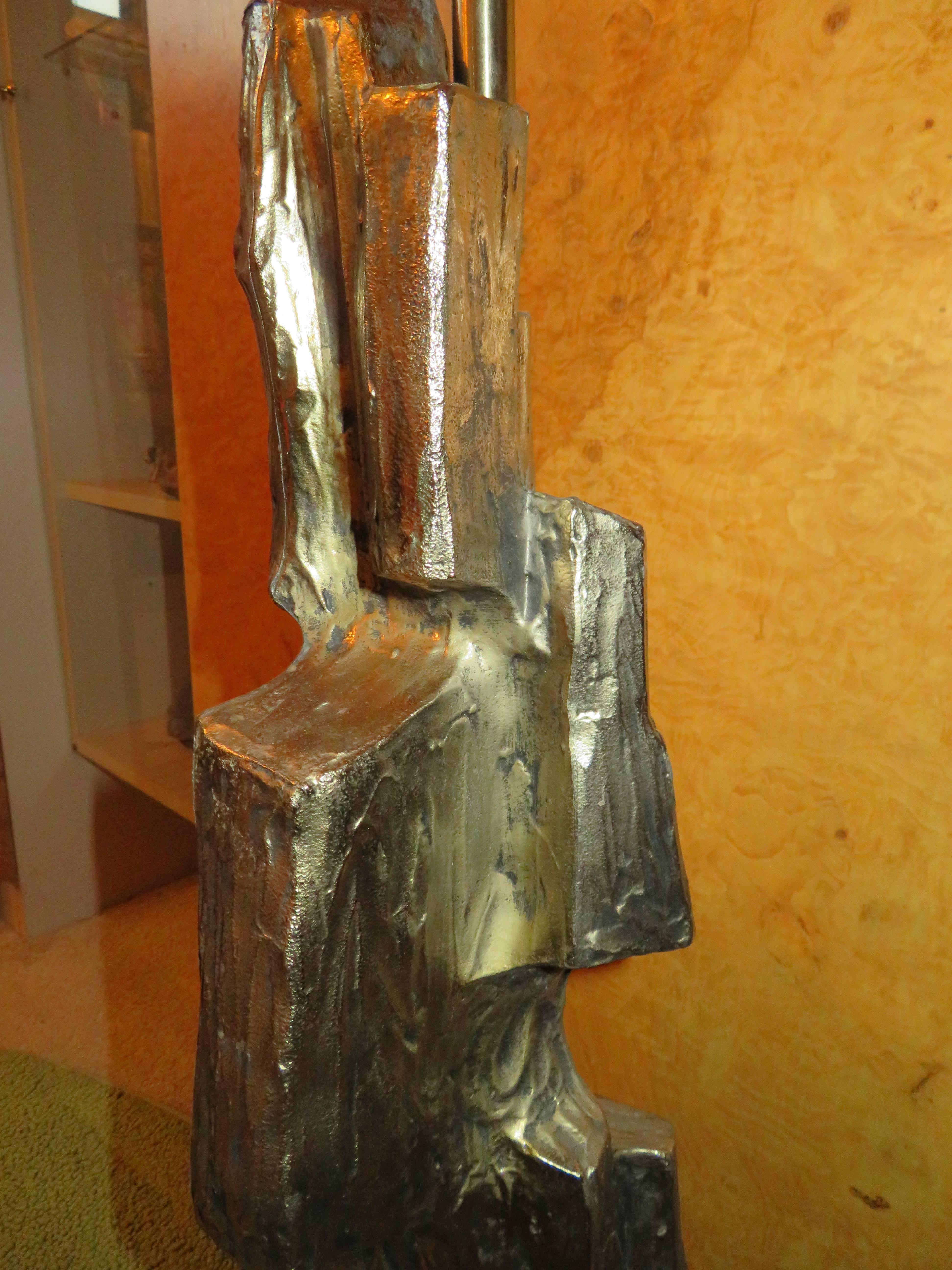 Mid-Century Modern Pair of Tall Sculptural Bronze Brutalist Table Lamp, Maurizio Tempestini Laurel