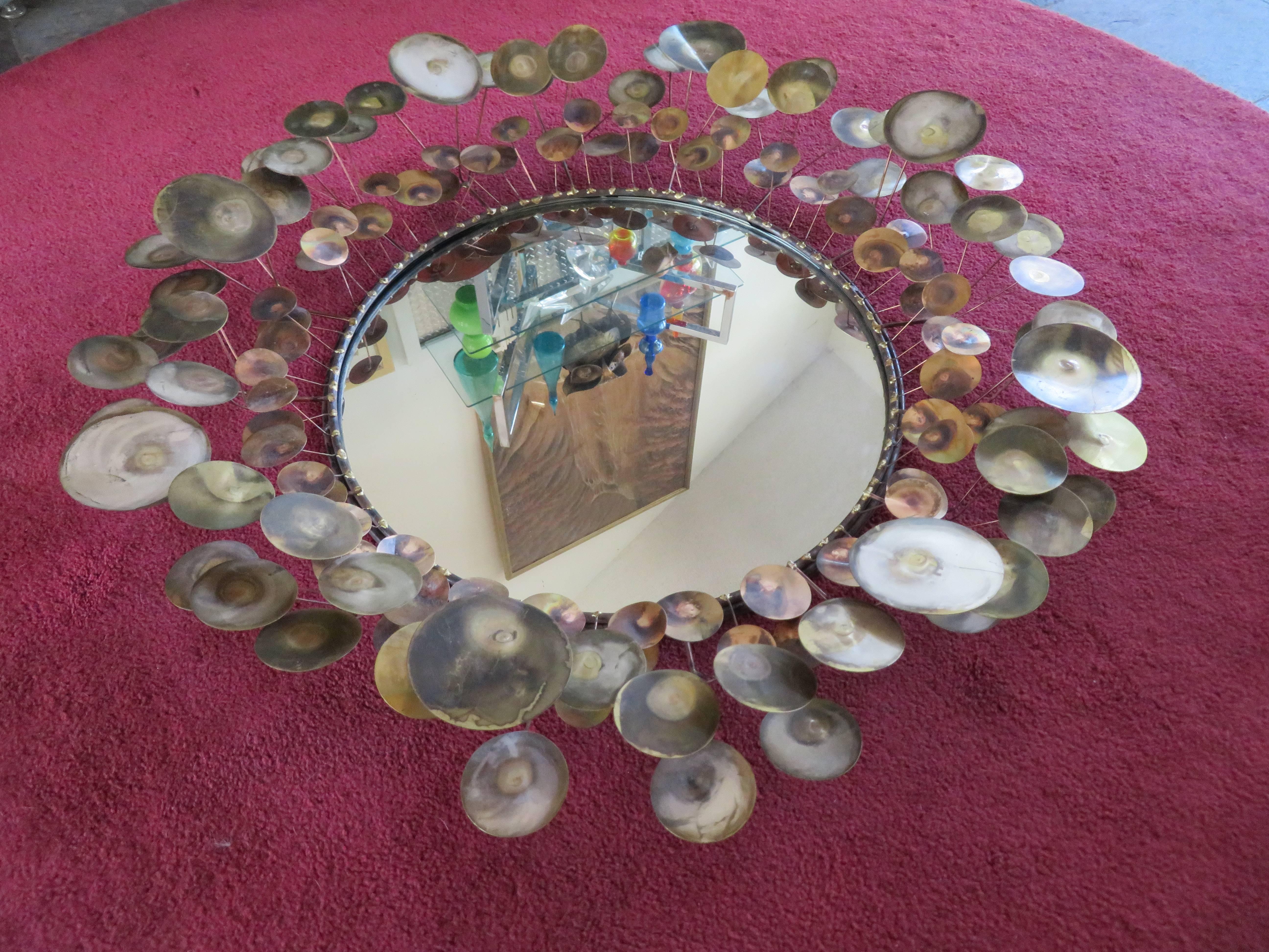 Outstanding large Curtis Jere brass raindrops mirror in great vintage condition. Signed C.Jere 76.