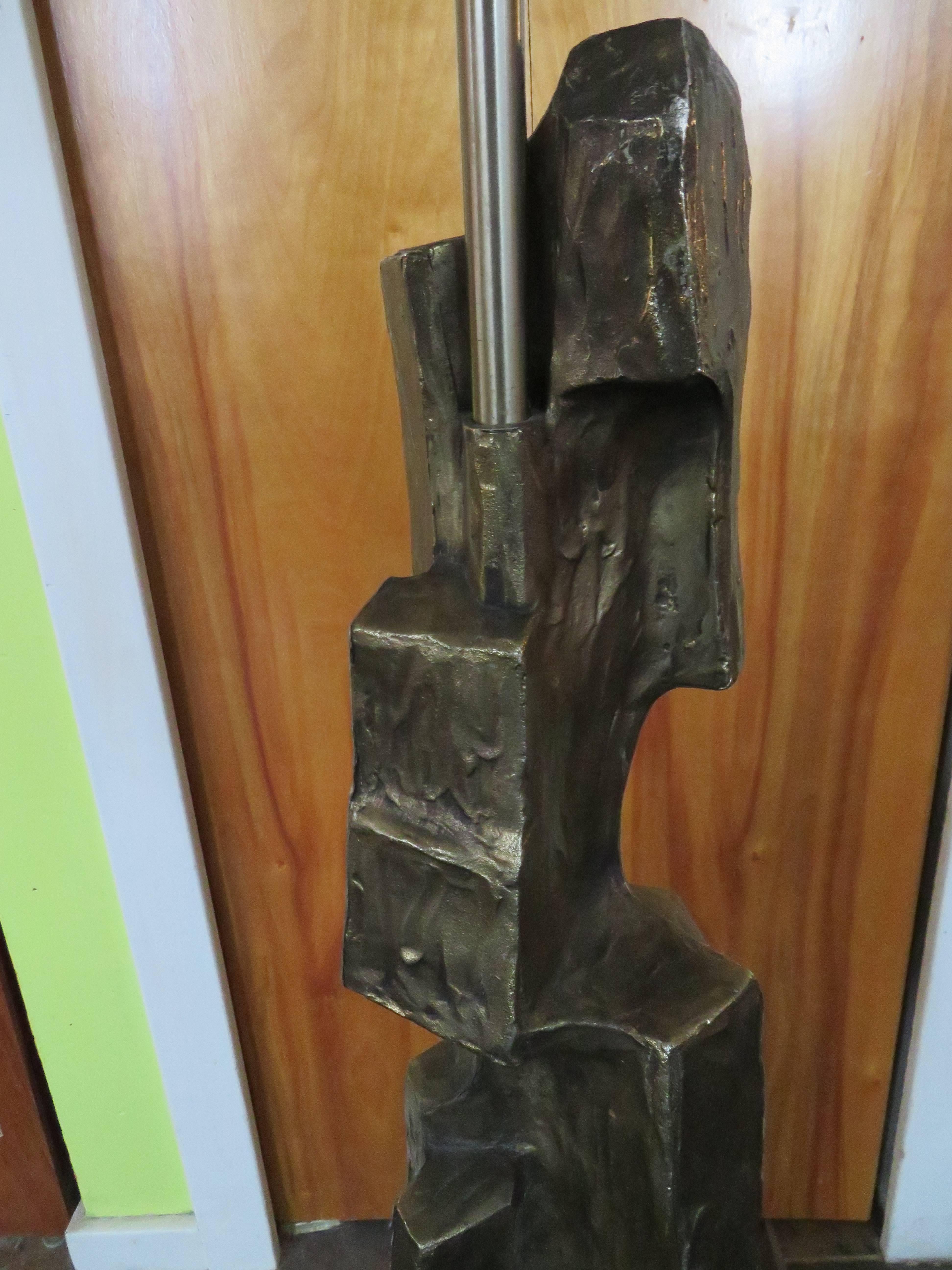 American Tall Sculptural Bronze Brutalist Table Lamp, Maurizio Tempestini Laurel