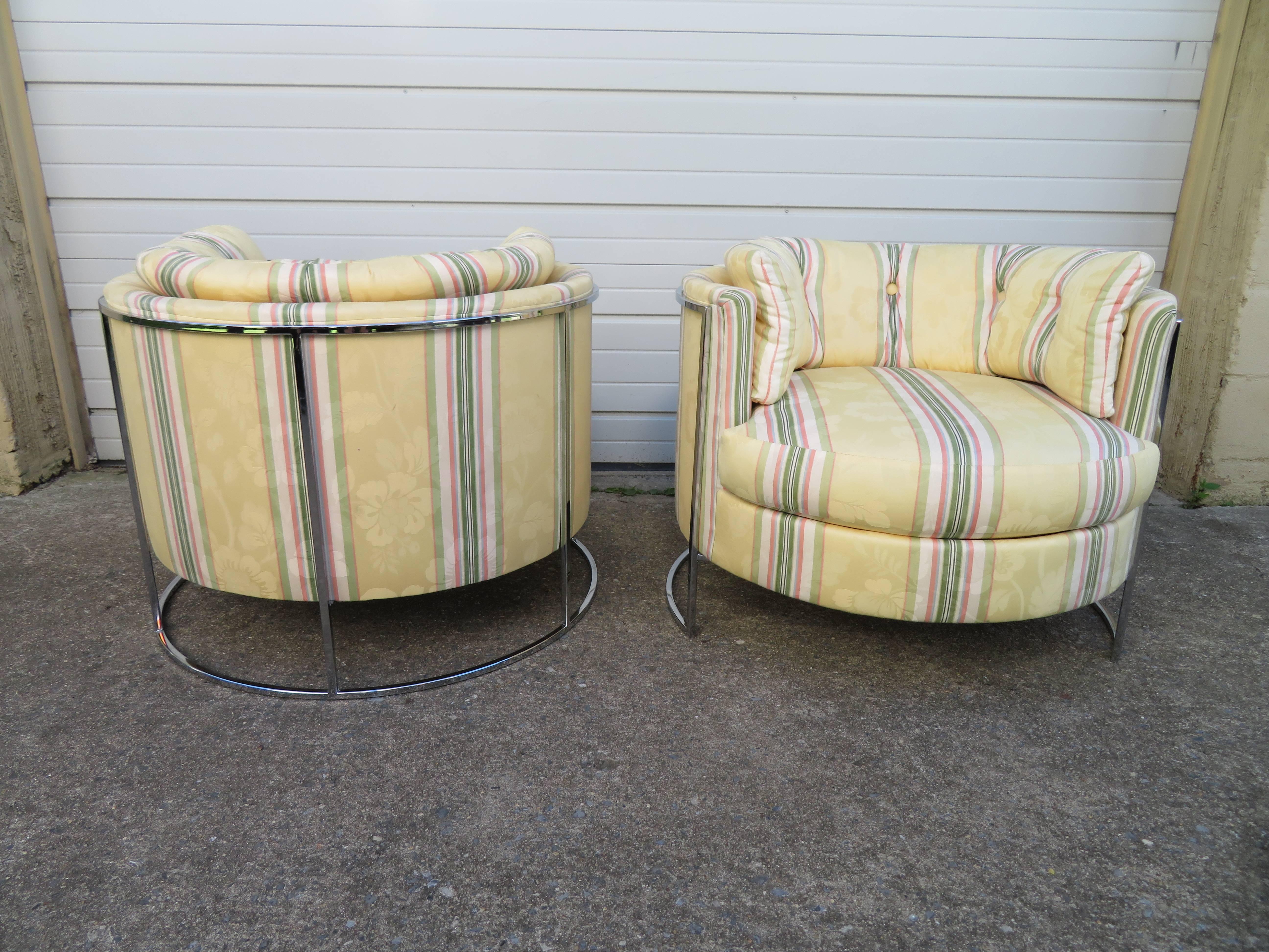Pair of Milo Baughman Attributed Thin Chrome Frame Barrel Back Chairs 3