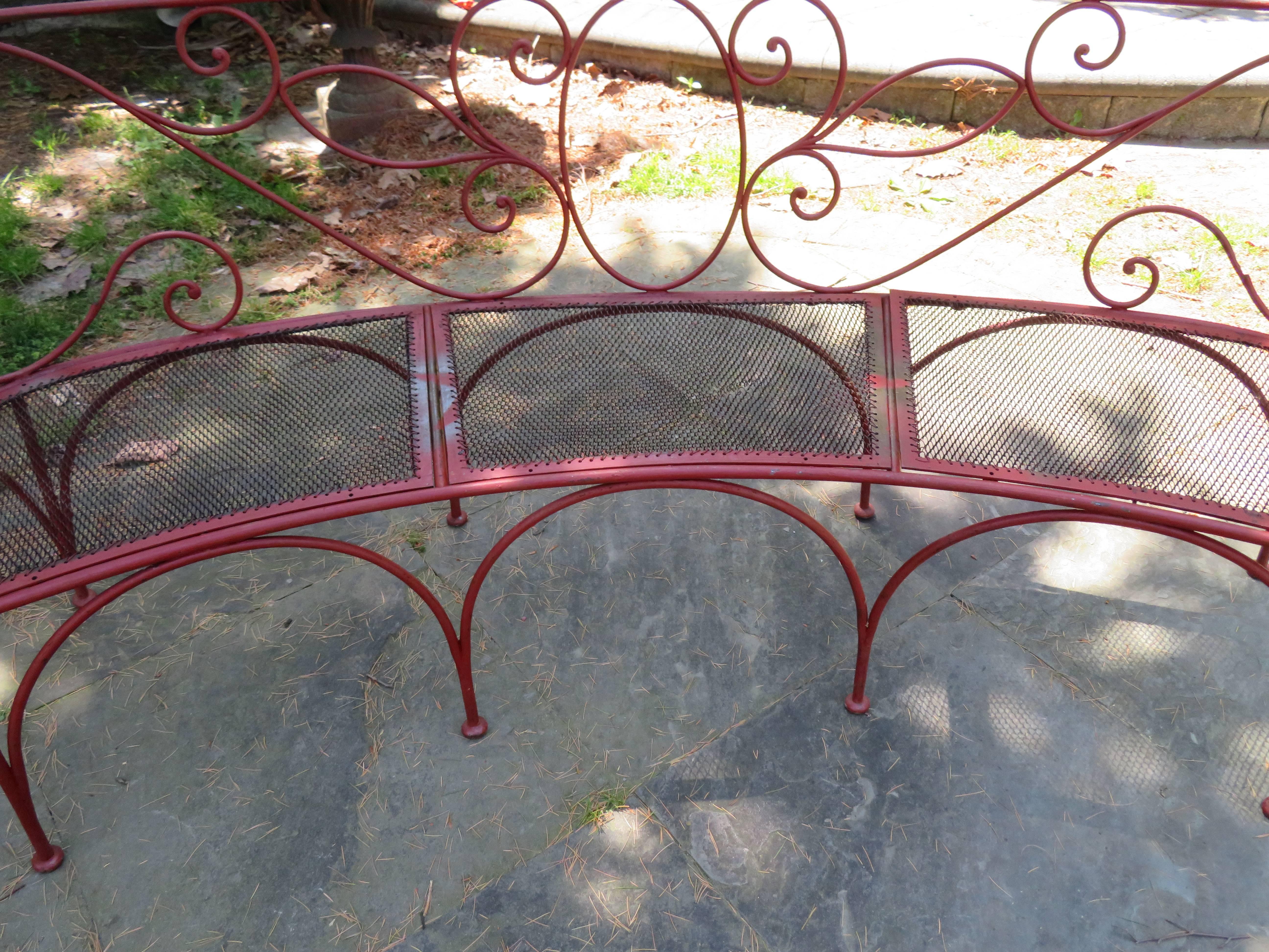 American Charming Curved Scrolled Iron Garden Patio Bench, Mid-Century Modern