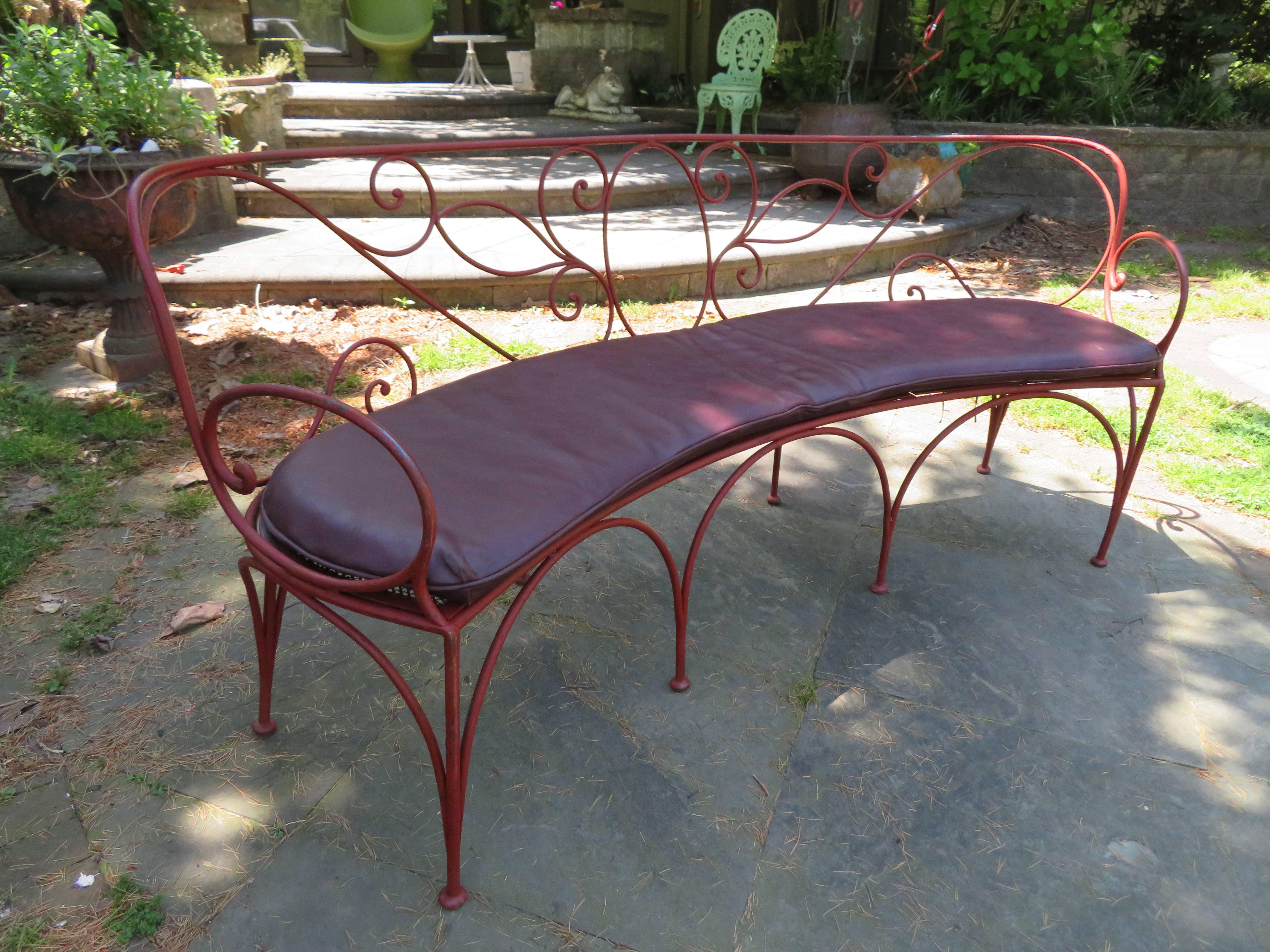 Charming Curved Scrolled Iron Garden Patio Bench, Mid-Century Modern 3