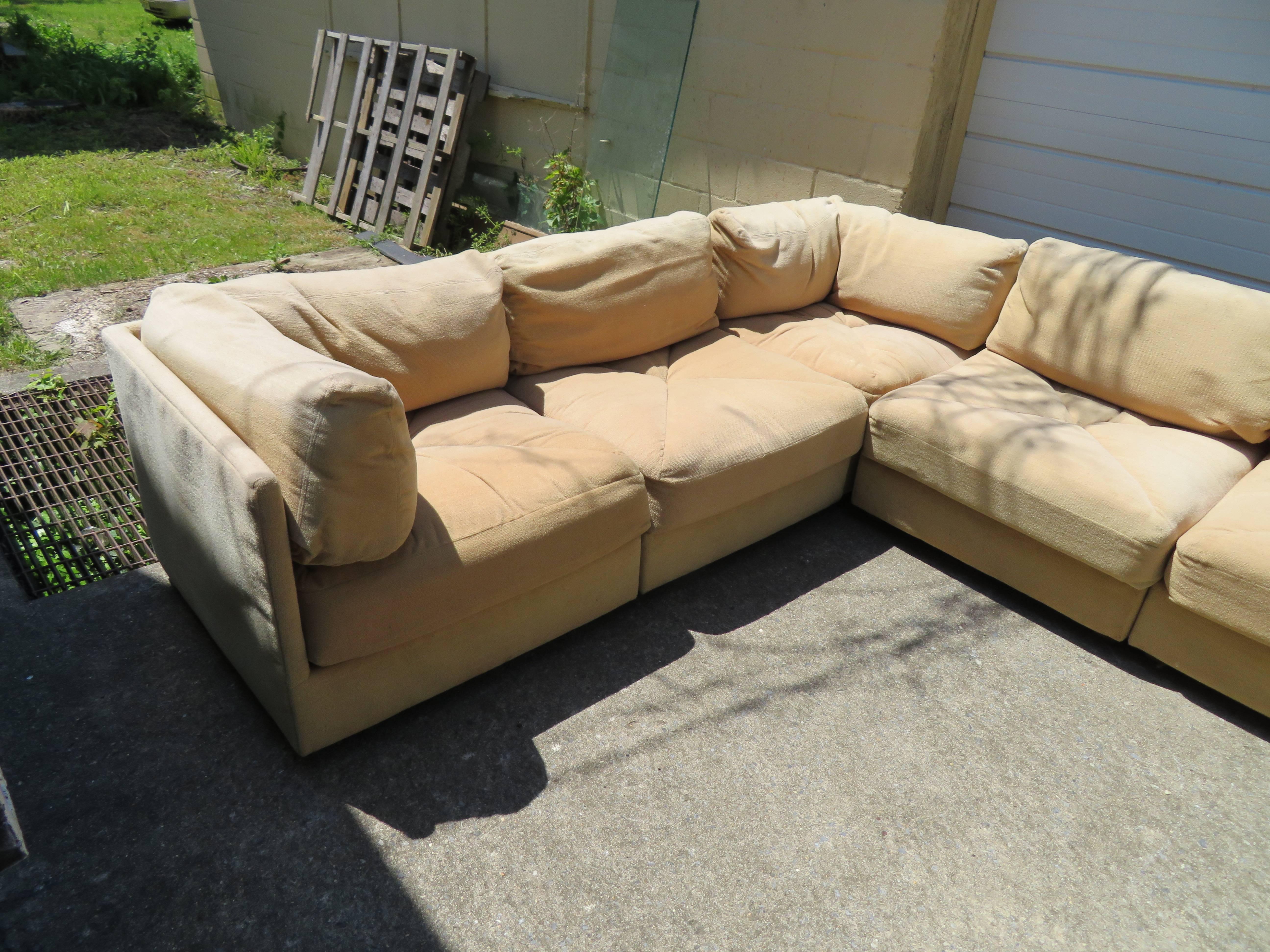 Huge ten-piece Milo Baughman style sectional sofa pit. This set is perfect for the family who needs tons of seating-pieces can be rearranged to suit your needs. This gorgeous vintage set was made by Selig one of the top manufacturers from the