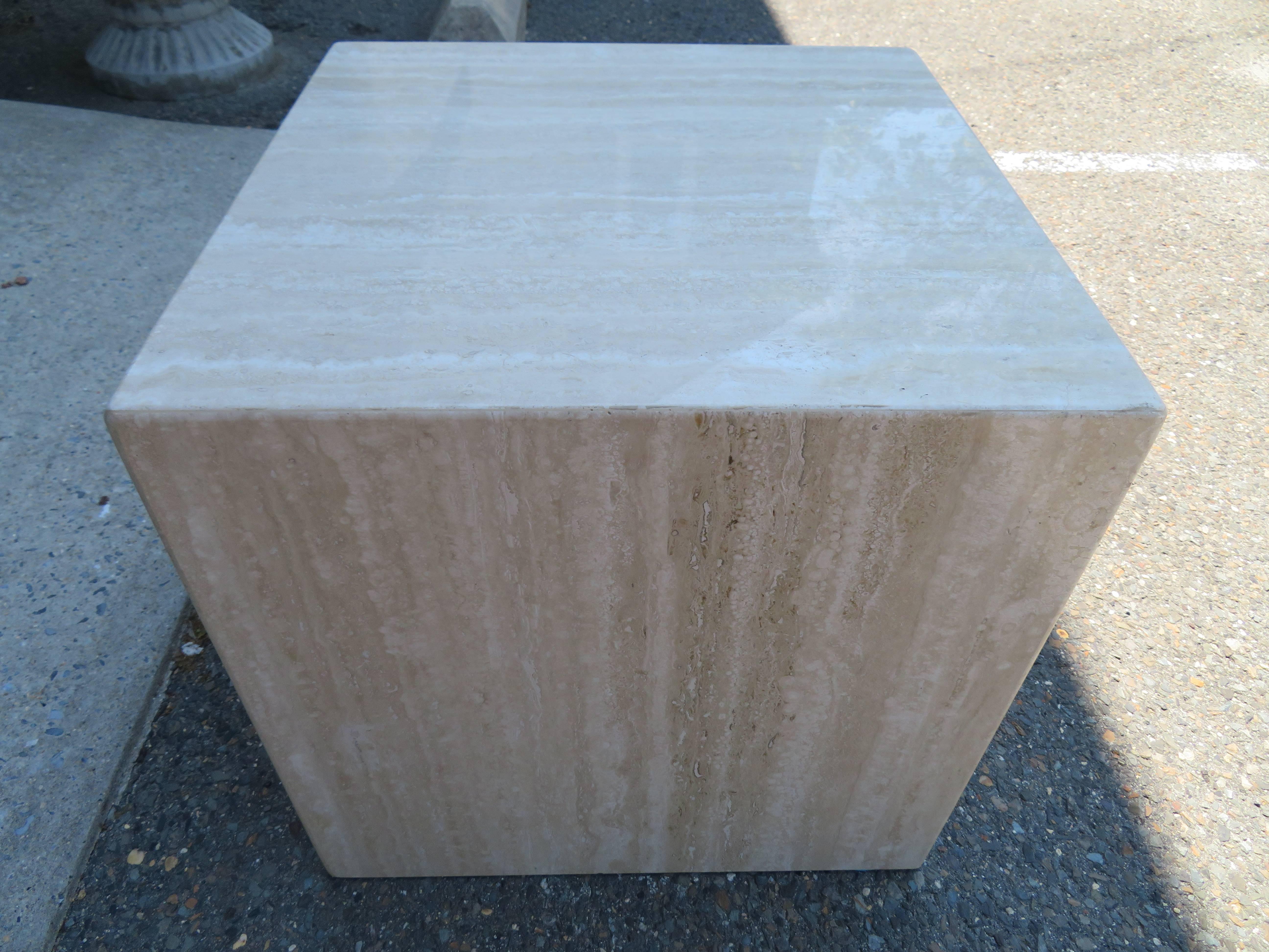 Gorgeous 1970s modern travertine cube side table or large pedestal. This piece would be a fabulous Minimalist modern side table or use to display a large sculpture-you decide!