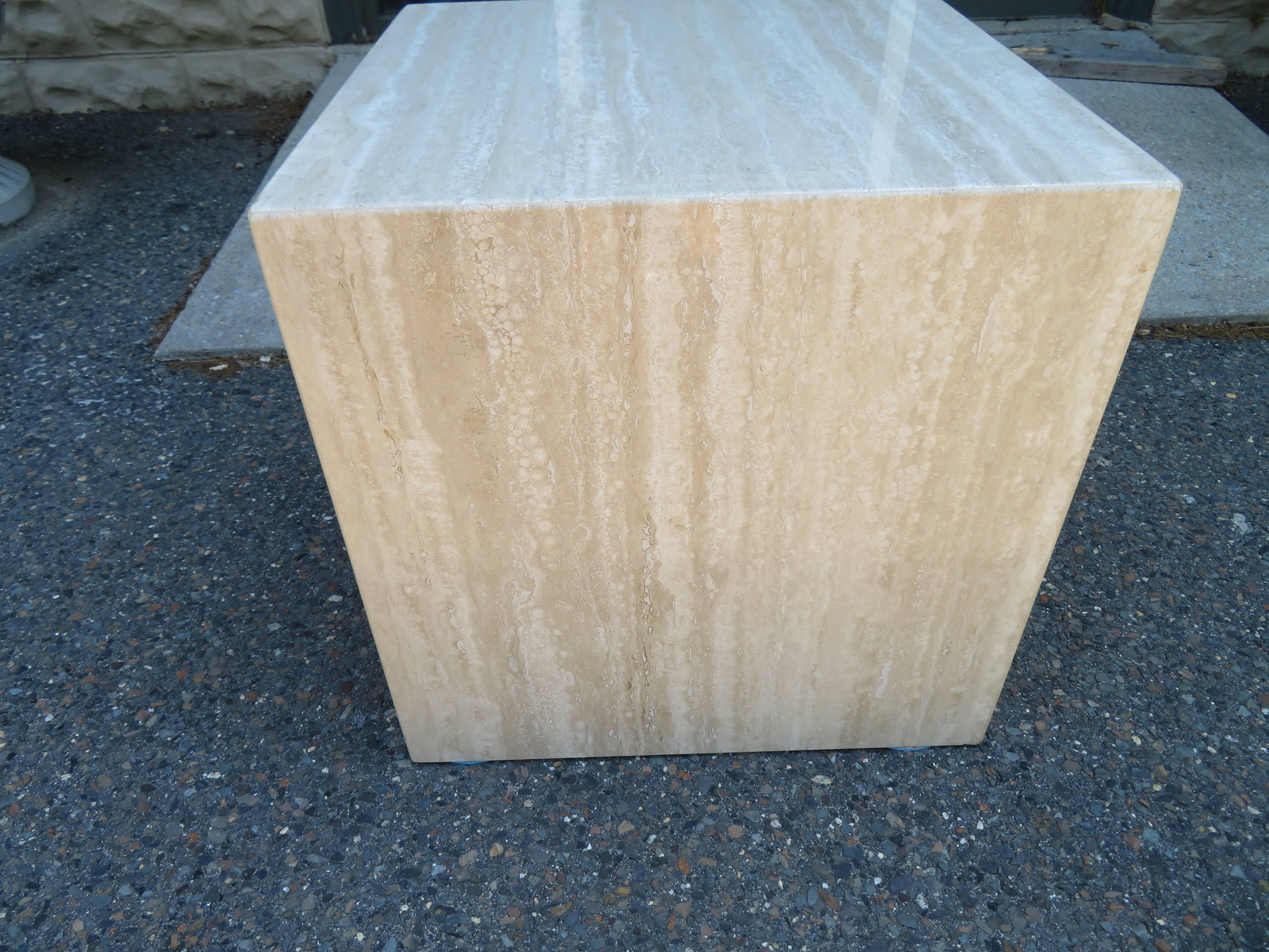 Late 20th Century Gorgeous Travertine Cube Side End Table Pedestal, Mid-Century Modern For Sale