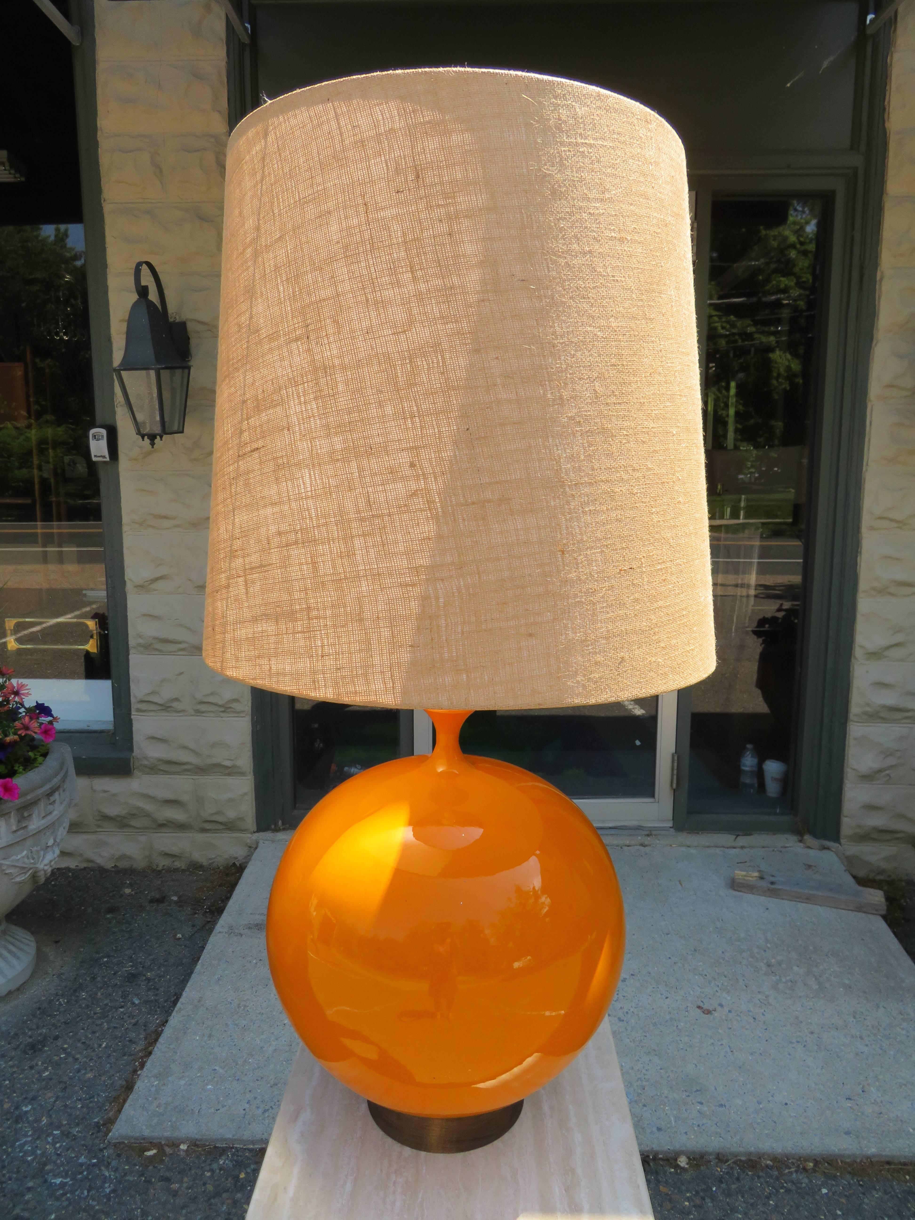 Massive Large Scale Orange Glaze Ceramic Orb Lamp, Mid-Century Modern 3