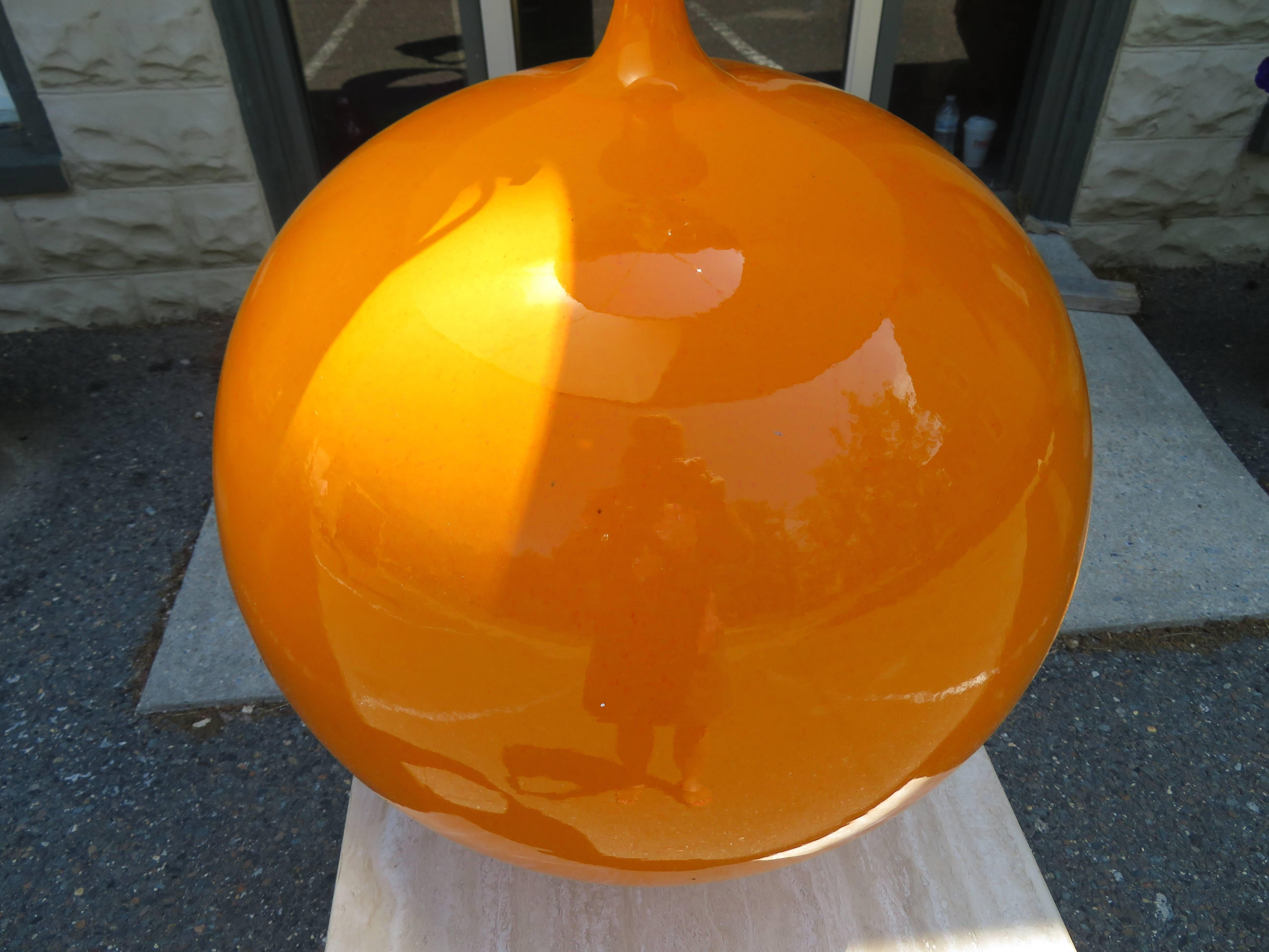 Massive Large Scale Orange Glaze Ceramic Orb Lamp, Mid-Century Modern In Excellent Condition In Pemberton, NJ