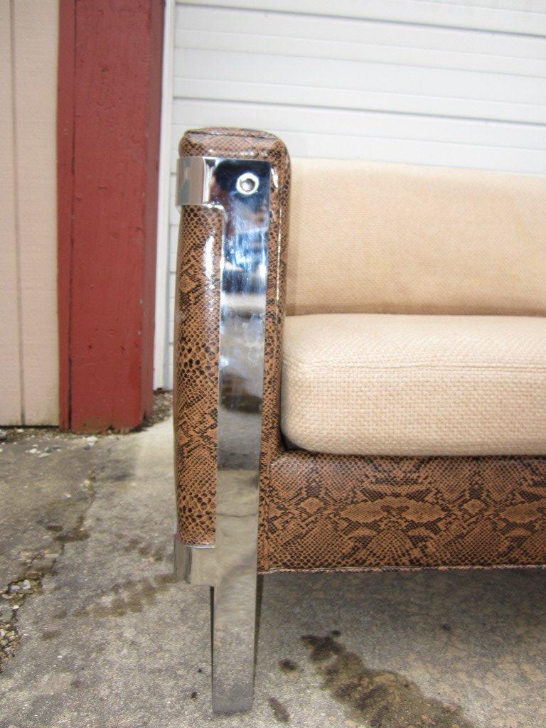  Milo Baughman Chrome Flatbar Sofa Faux Snakeskin Mid-century In Good Condition In Pemberton, NJ