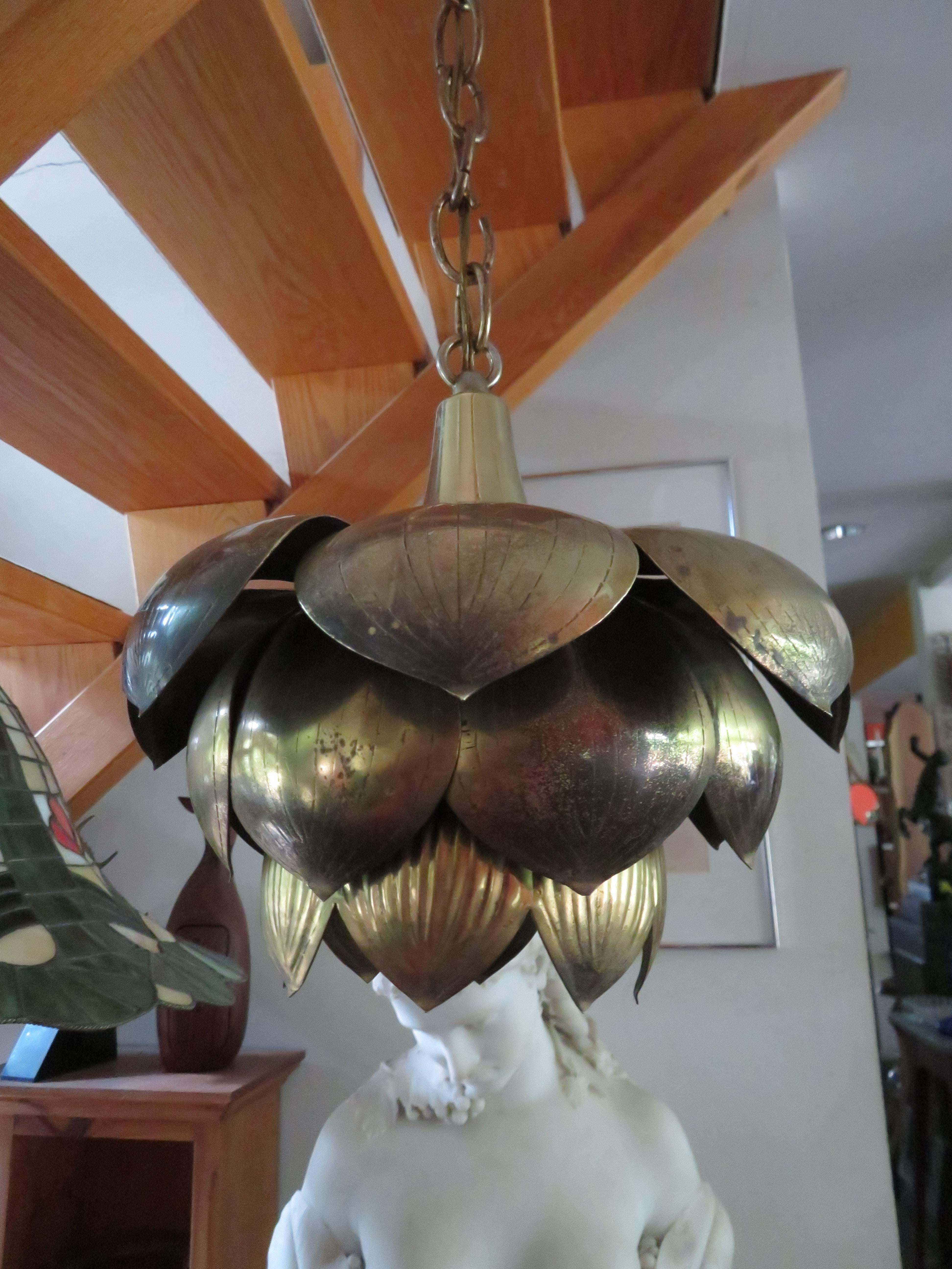 Stunning Etched Brass Feldman Lotus Pendant Light Chandelier Mid-Century Modern 1