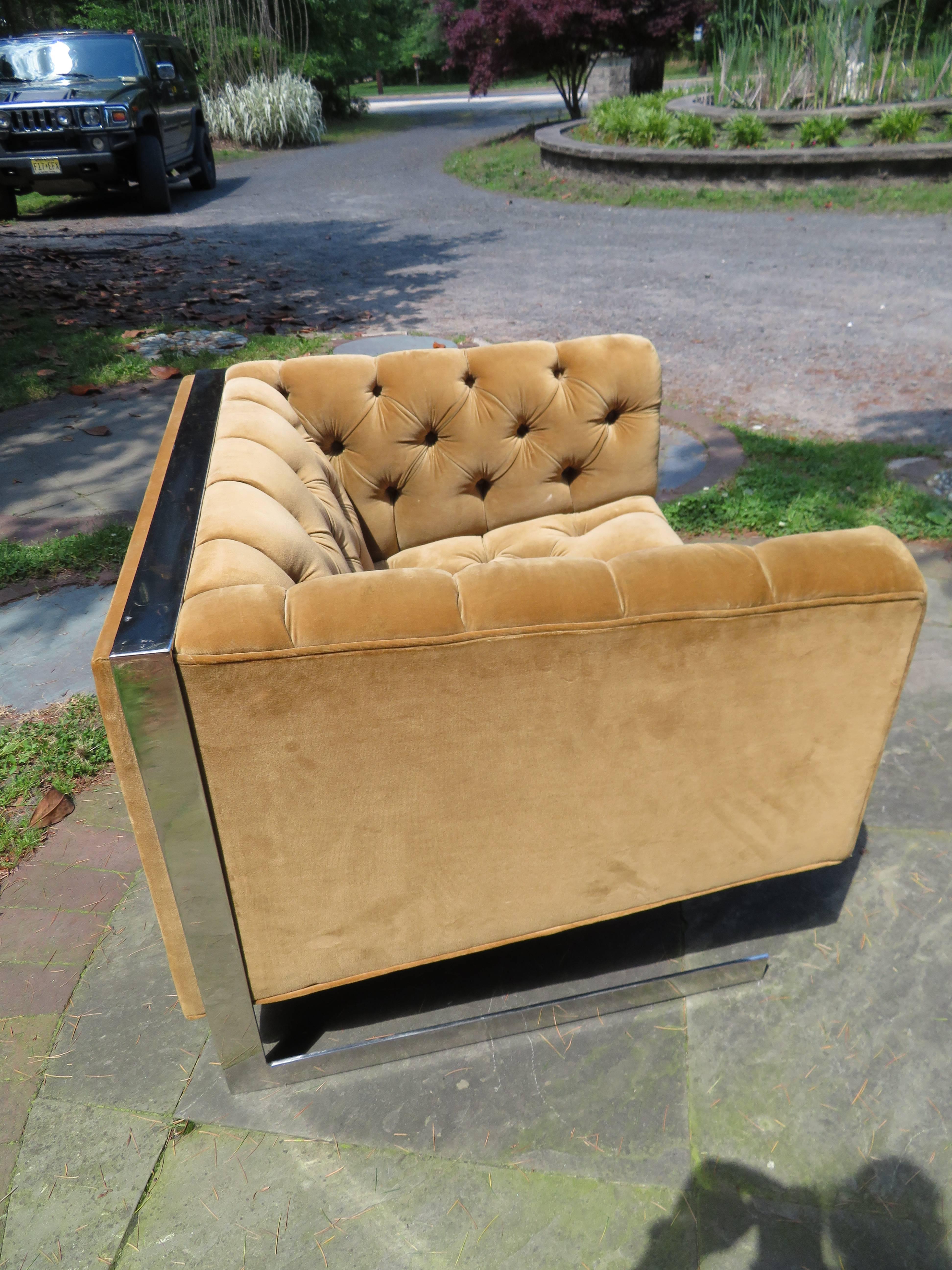 Upholstery Mid-Century Modern Cantilever Chrome Tufted Cube Lounge Chair For Sale