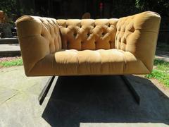 Mid-Century Modern Cantilever Chrome Tufted Cube Lounge Chair