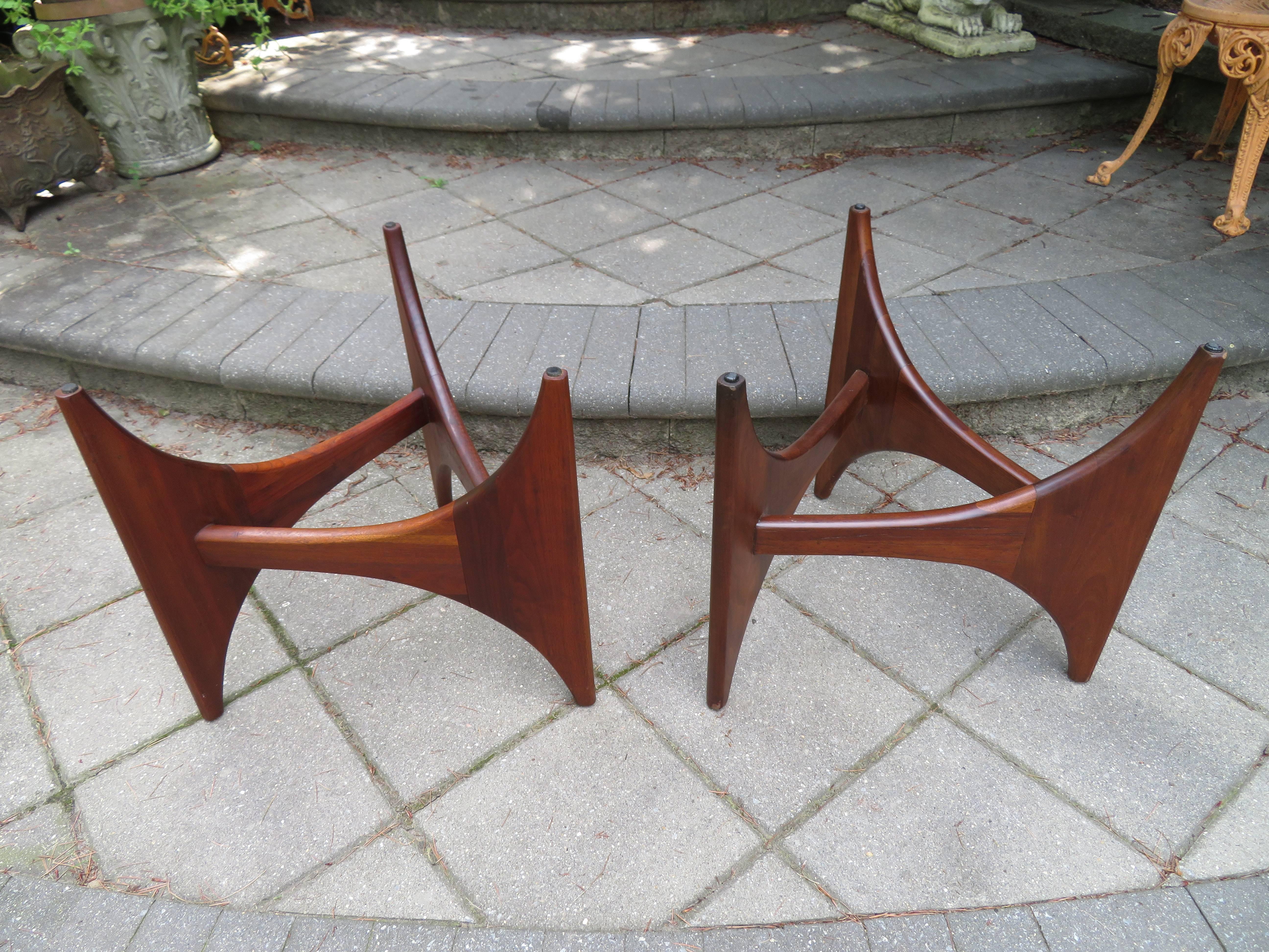 Gorgeous pair of Adrian Pearsall sculptural walnut triangular side tables. The glass tops can be either round or triangular and will be newly fabricated-the one pictured is the original. This table measurement is 19.5