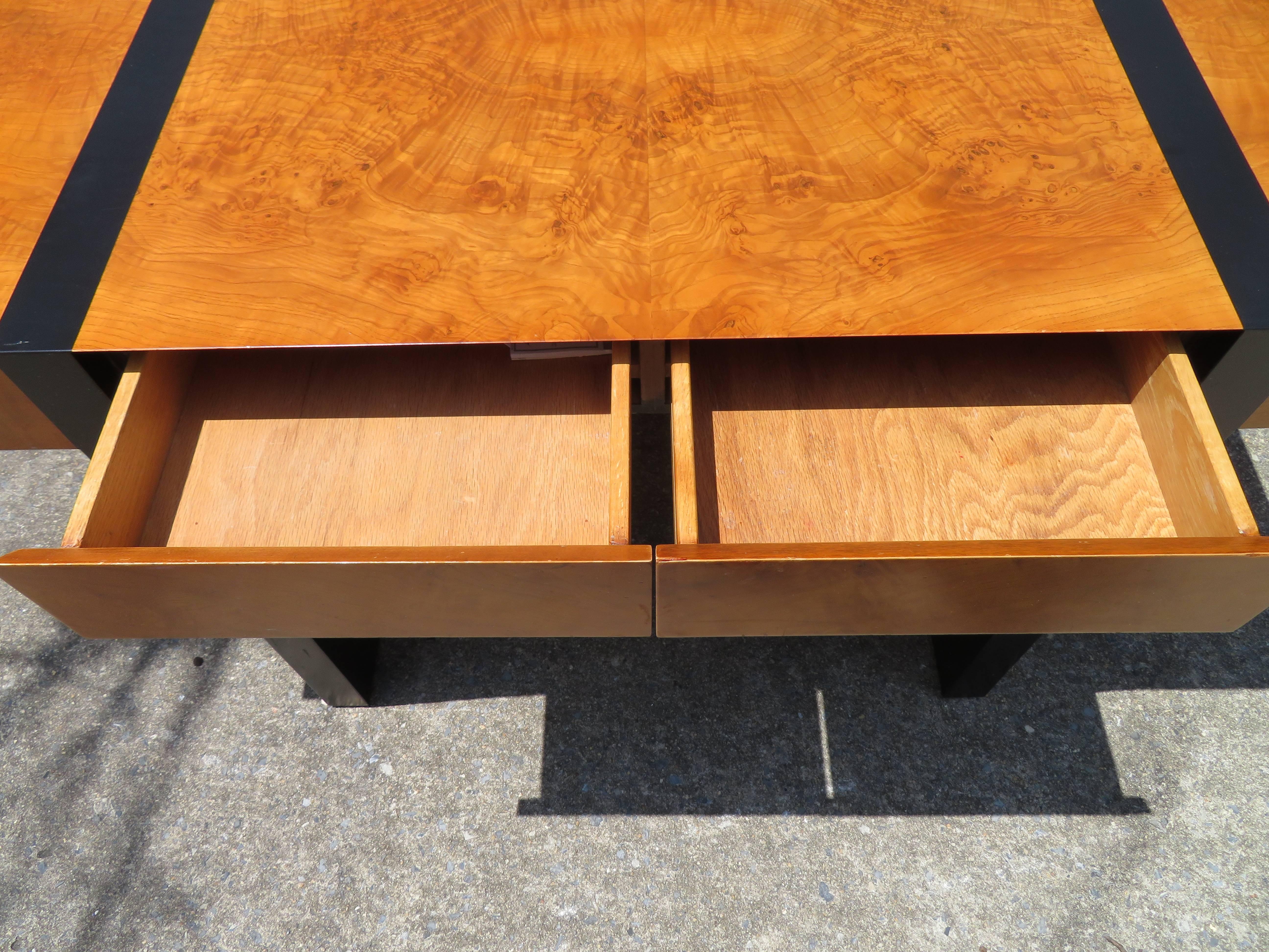 American Stunning Milo Baughman Style Burled Olive Wood Desk Mid-Century Modern