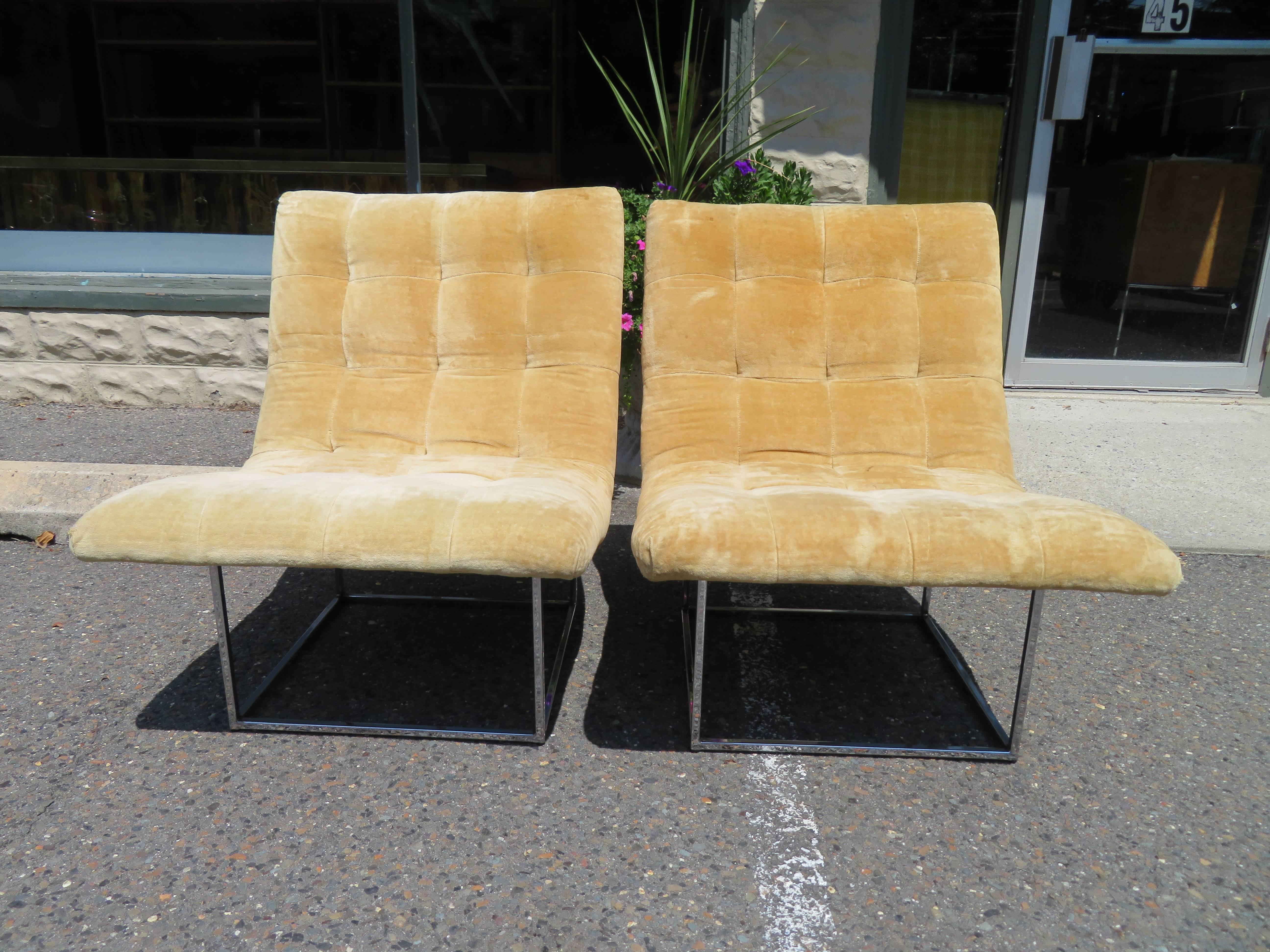 Fabulous pair of Milo Baughman signed Thayer Coggin scoop chairs with thin chrome frame. You know it's nice to see a really great pair of authentic Milo Baughman vintage chairs with their labels attached when all you see now a days are shiny new