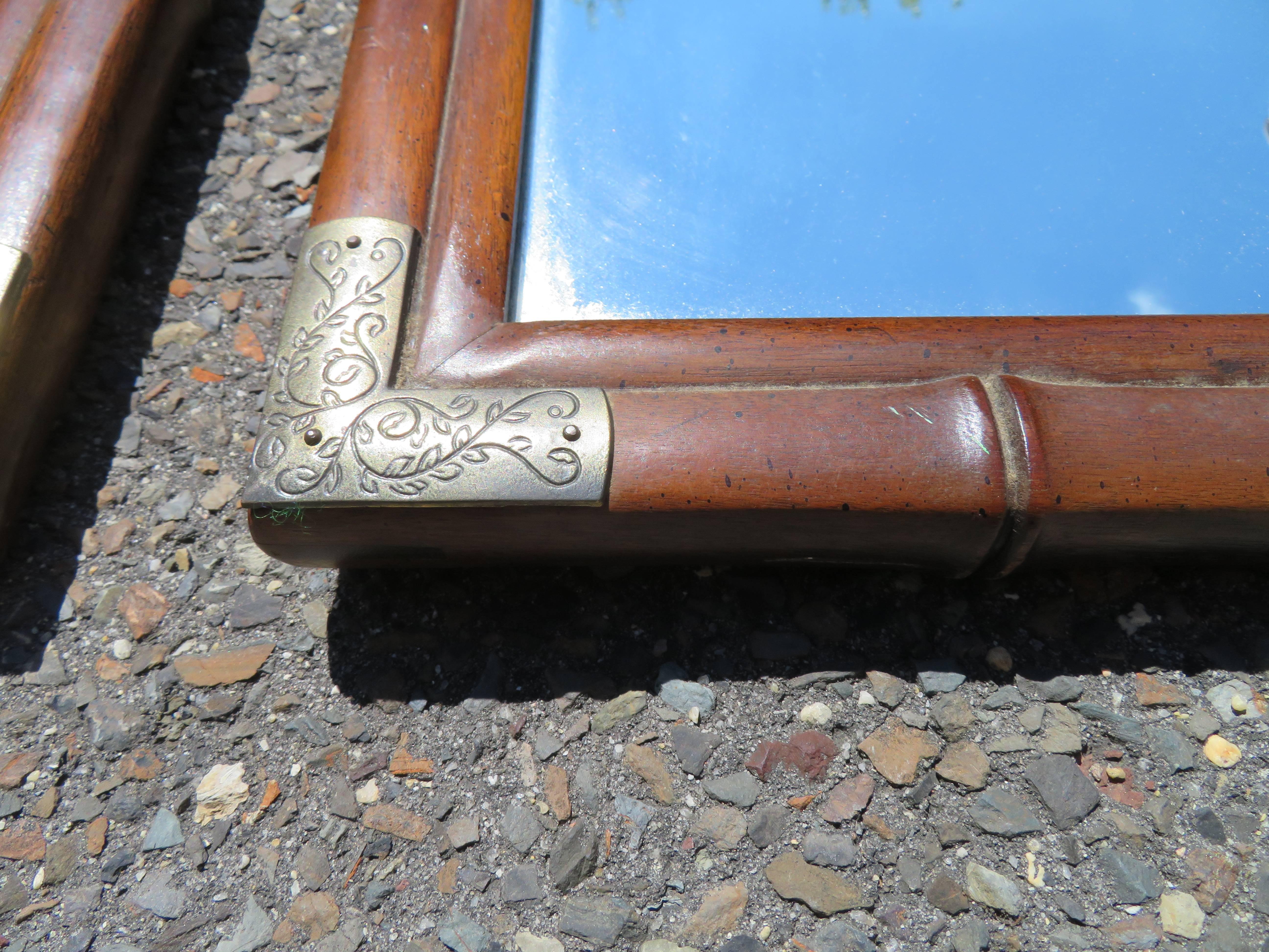 Pair of Faux Bamboo Brass Chinoiserie Asian Henredon Mirrors Hollywood Regency In Good Condition In Pemberton, NJ