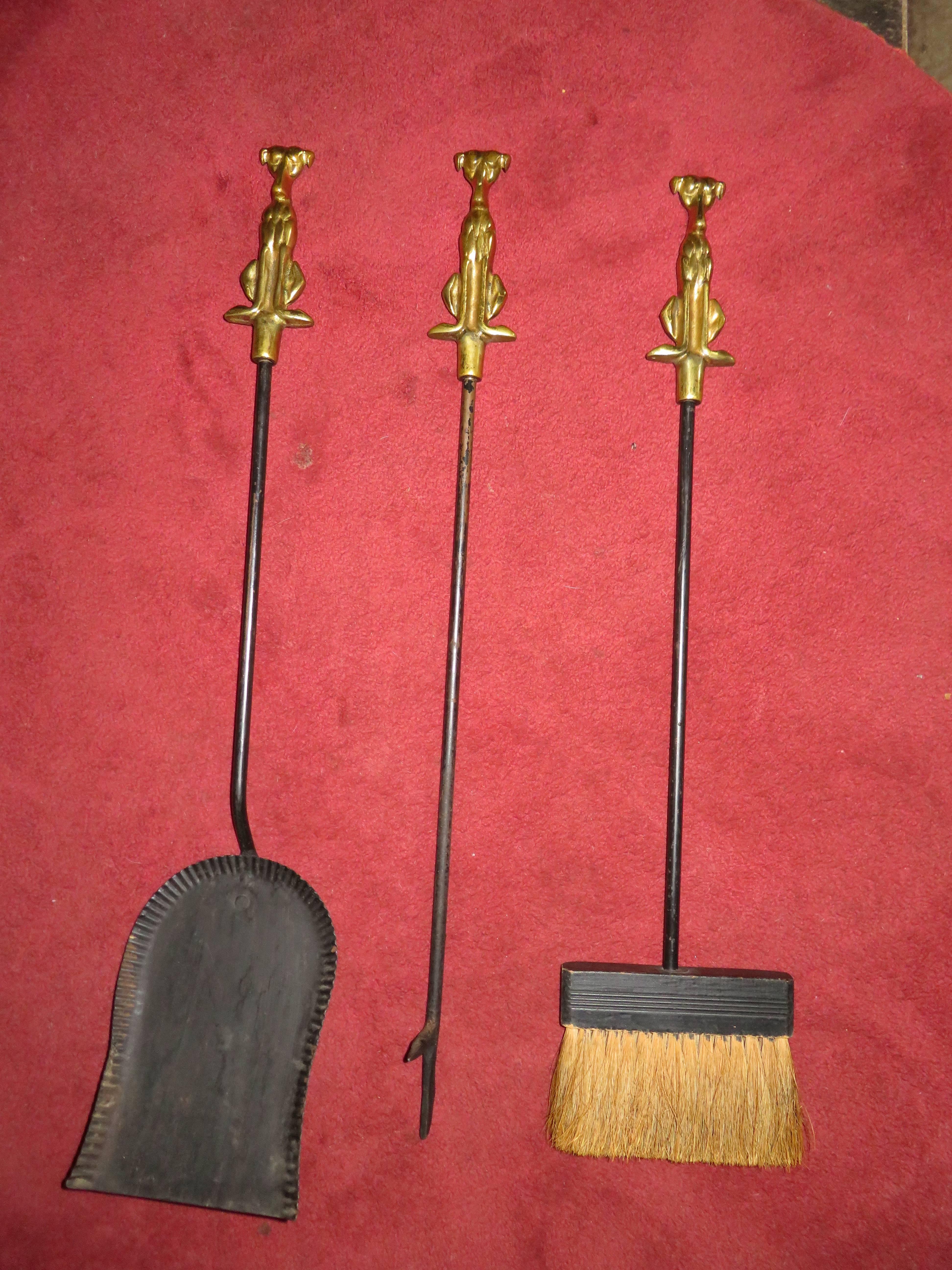 Mid-20th Century Whimsical Set Brass Iron Stylized Dog Fire Tools Mid-Century Modern For Sale