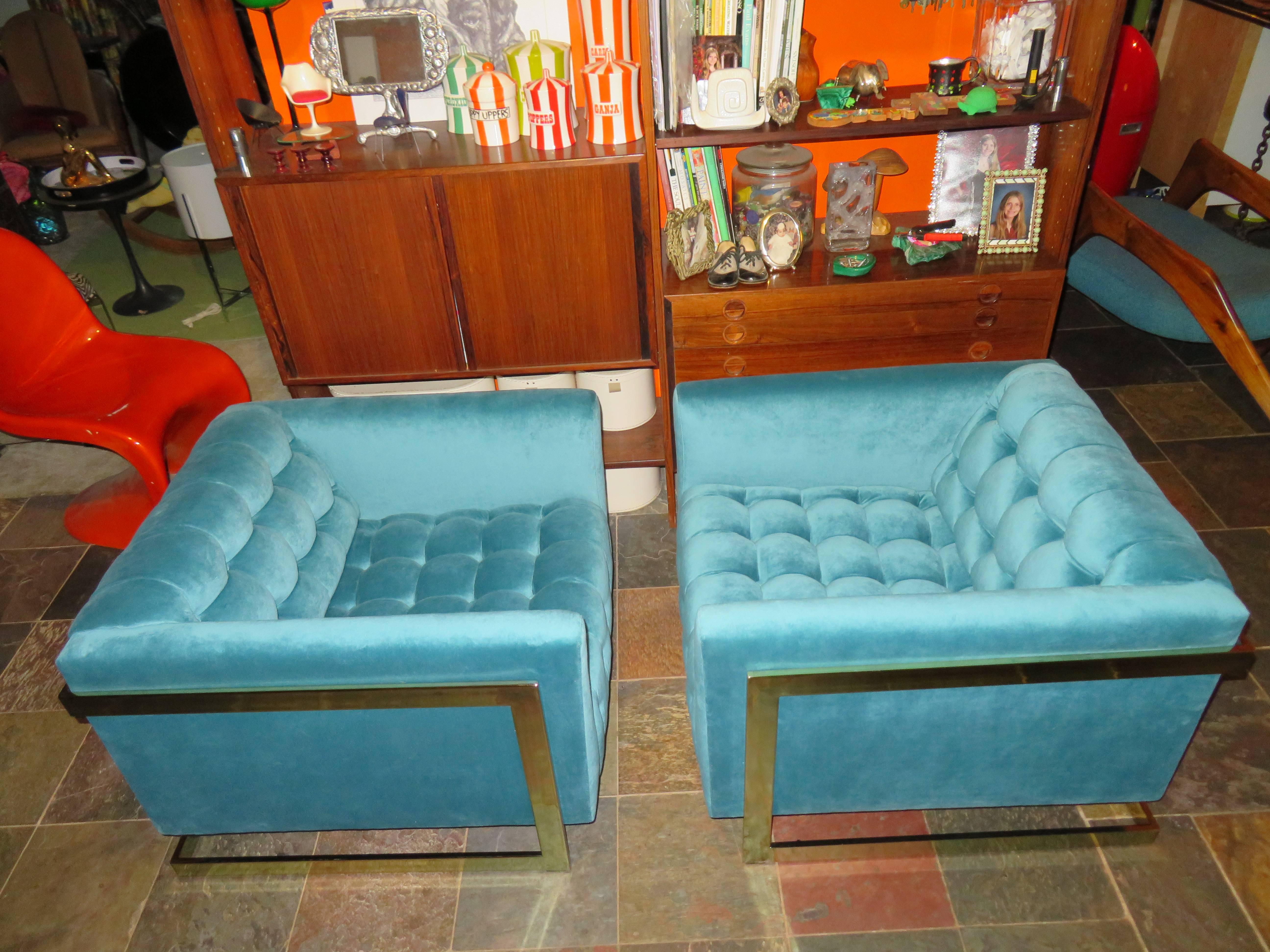 Paire de chaises longues cubiques en laiton de style Milo Baughman, mi-siècle moderne par Carsons en vente 2