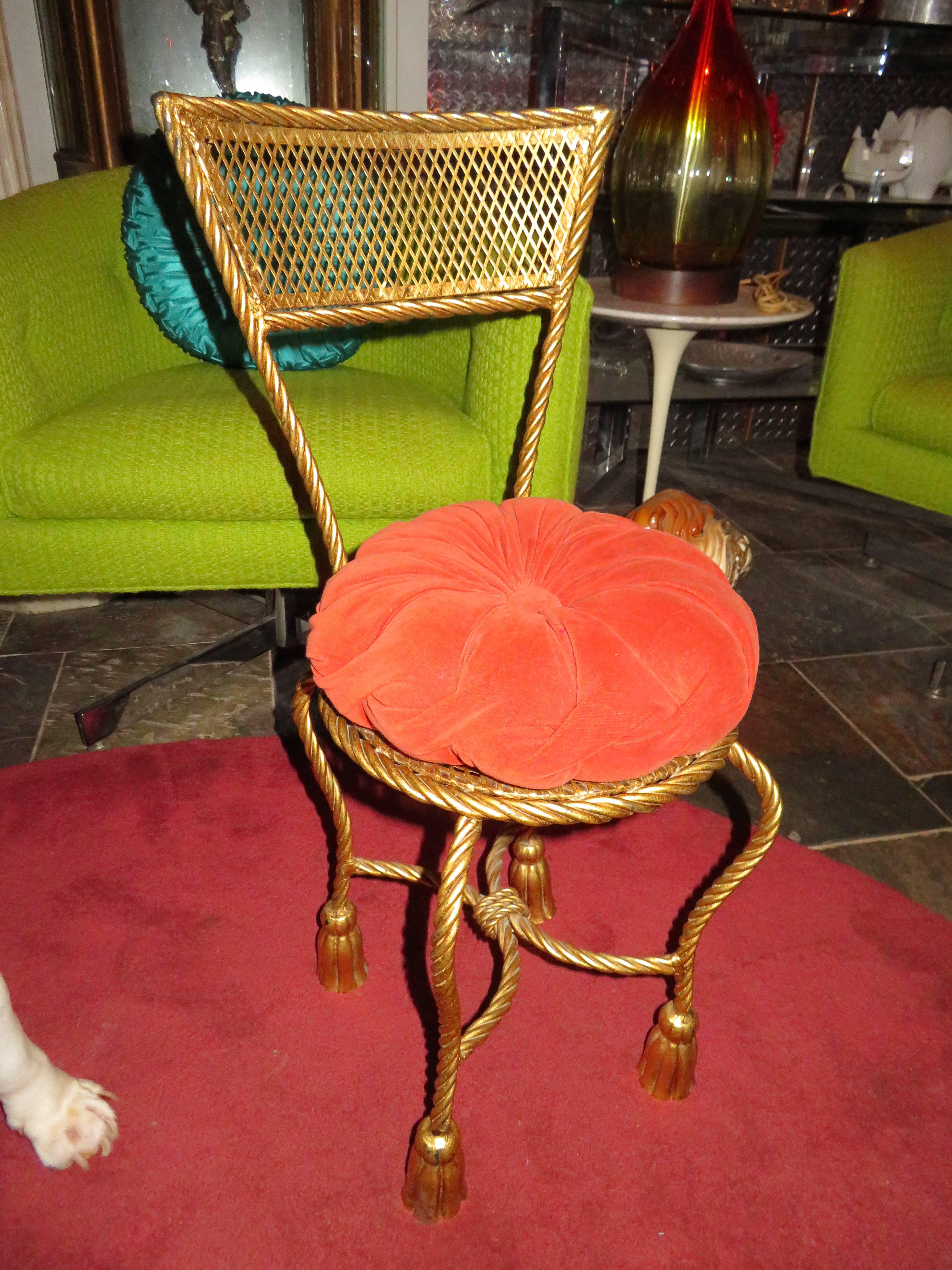 Lovely mid-20th century Italian gold gilt metal stool or vanity seat/chair with a 'rope and tassel' design and cute tufted seat cushion. This chair is petite in stature measuring 29
