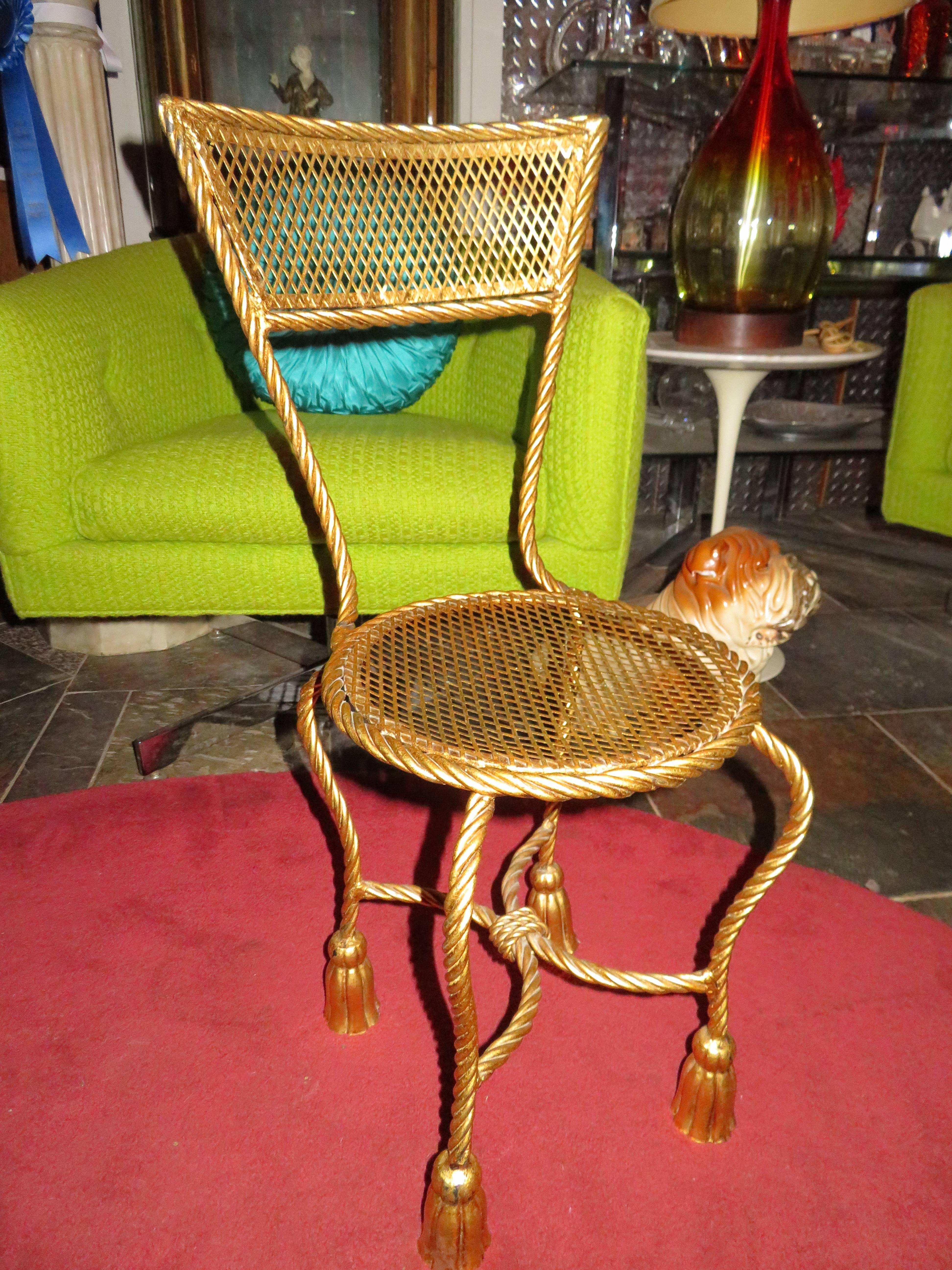 Iron Lovely Petite Gilded Gold Rope Tassel Vanity Chair Stool Hollywood Regency For Sale