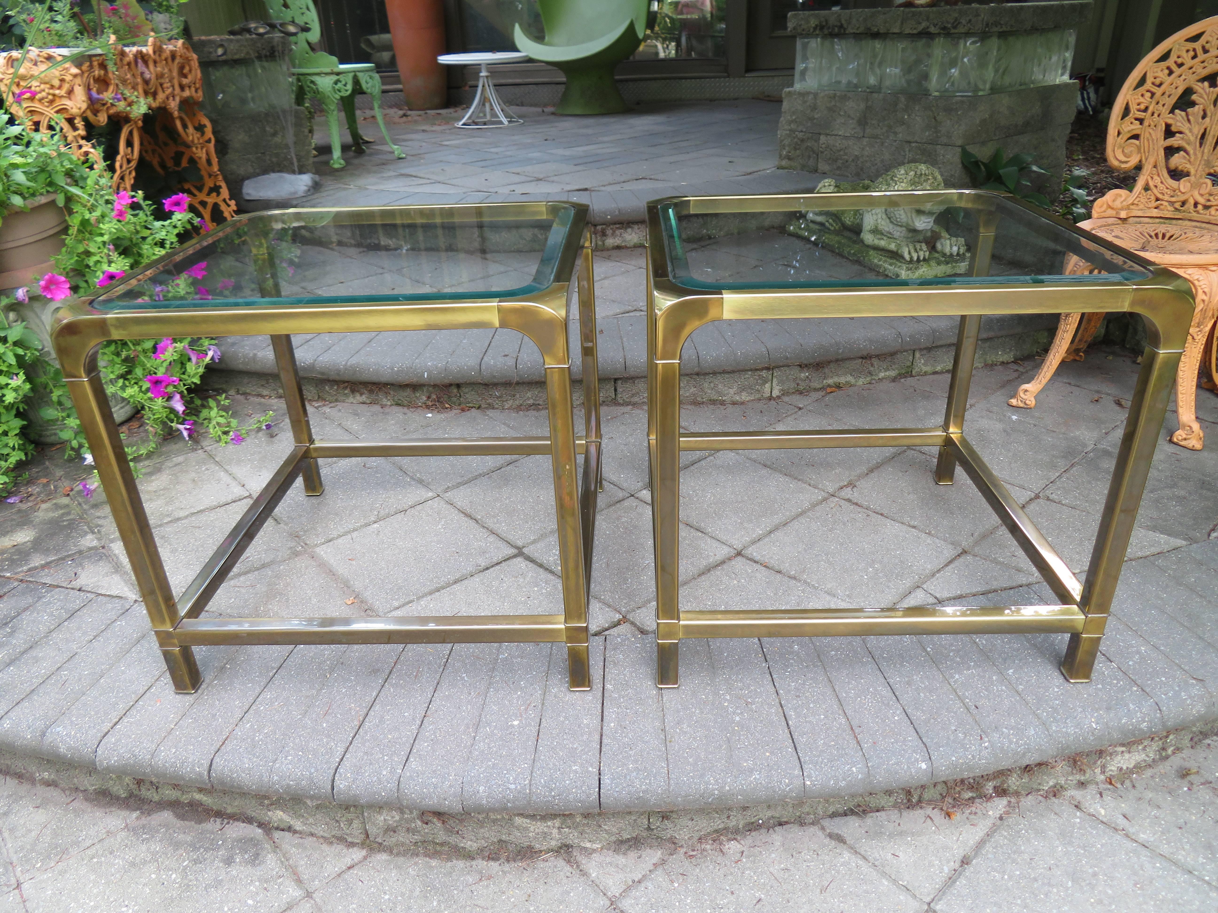Gorgeous pair of square Mastercraft brass side end tables. This pair is in very nice vintage condition with a fabulous antiqued brass finish. Please note that we also have a pair of these tables in a shiny brass finish listed in another of our