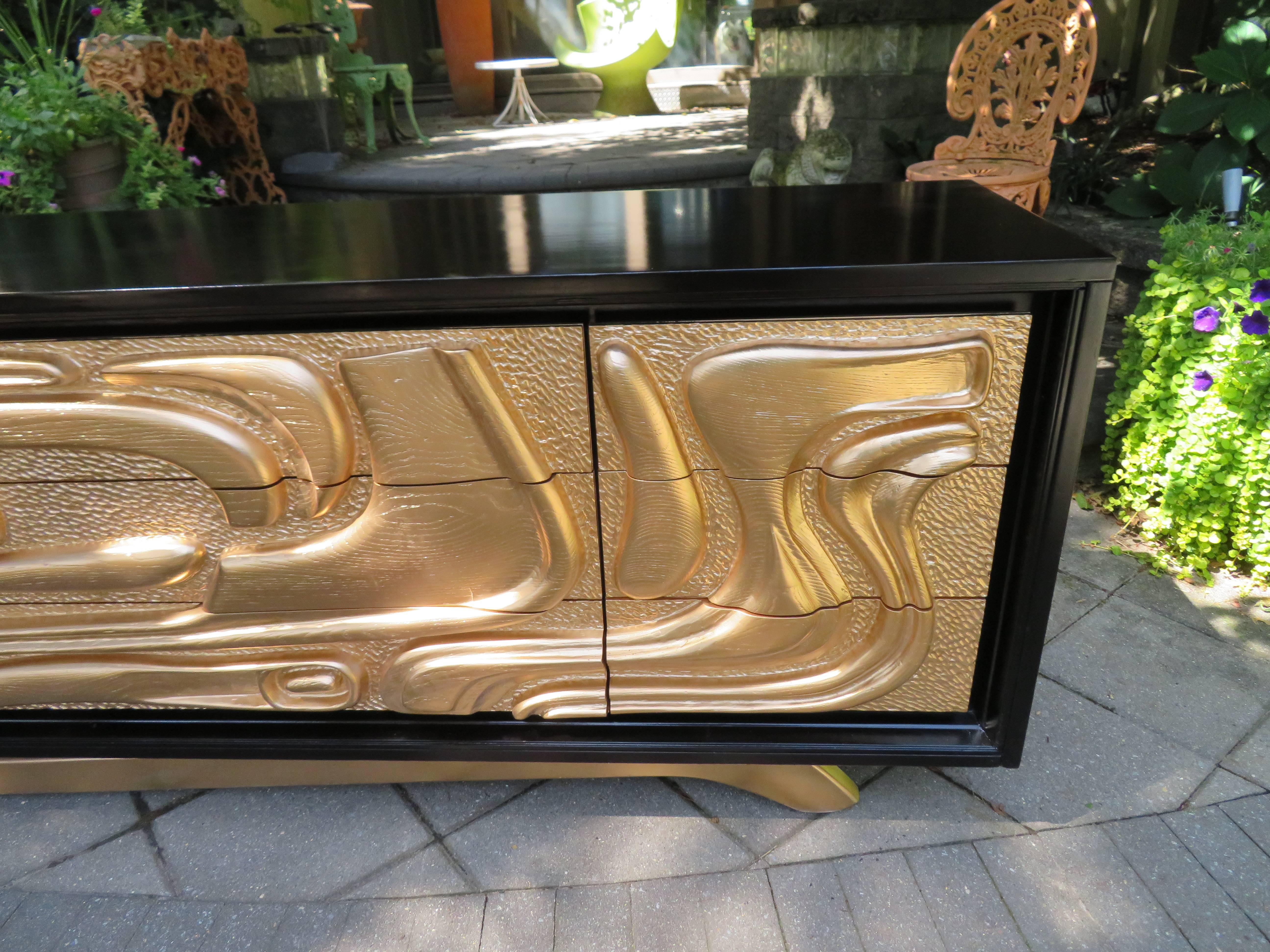 American Fabulous Gilded Gold Witco Style Carved Oceanic Cabinet Credenza Pulaski