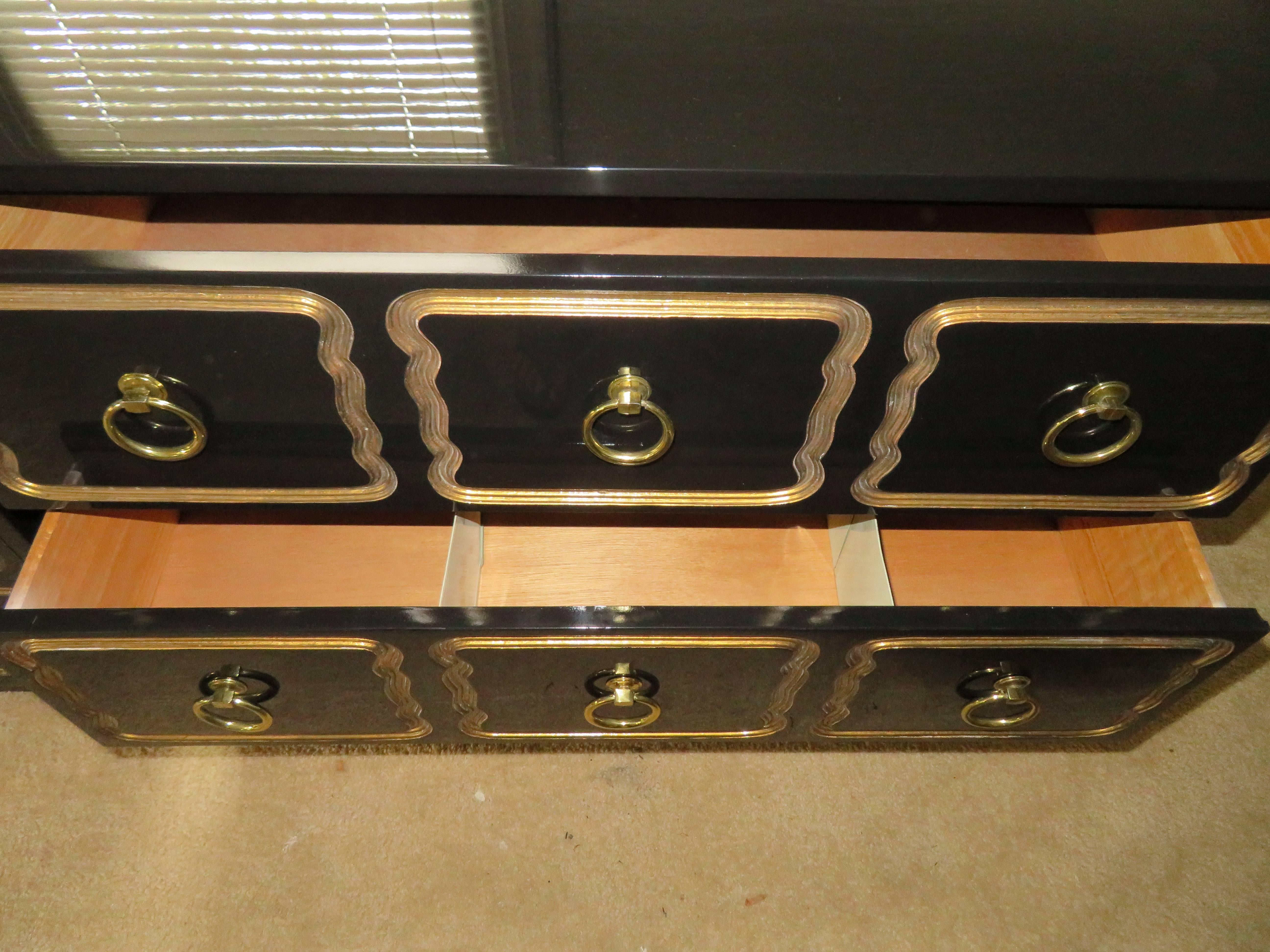 Pair of Hollywood Regency Black Lacquered Espana Dorothy Draper Designed Chests 1
