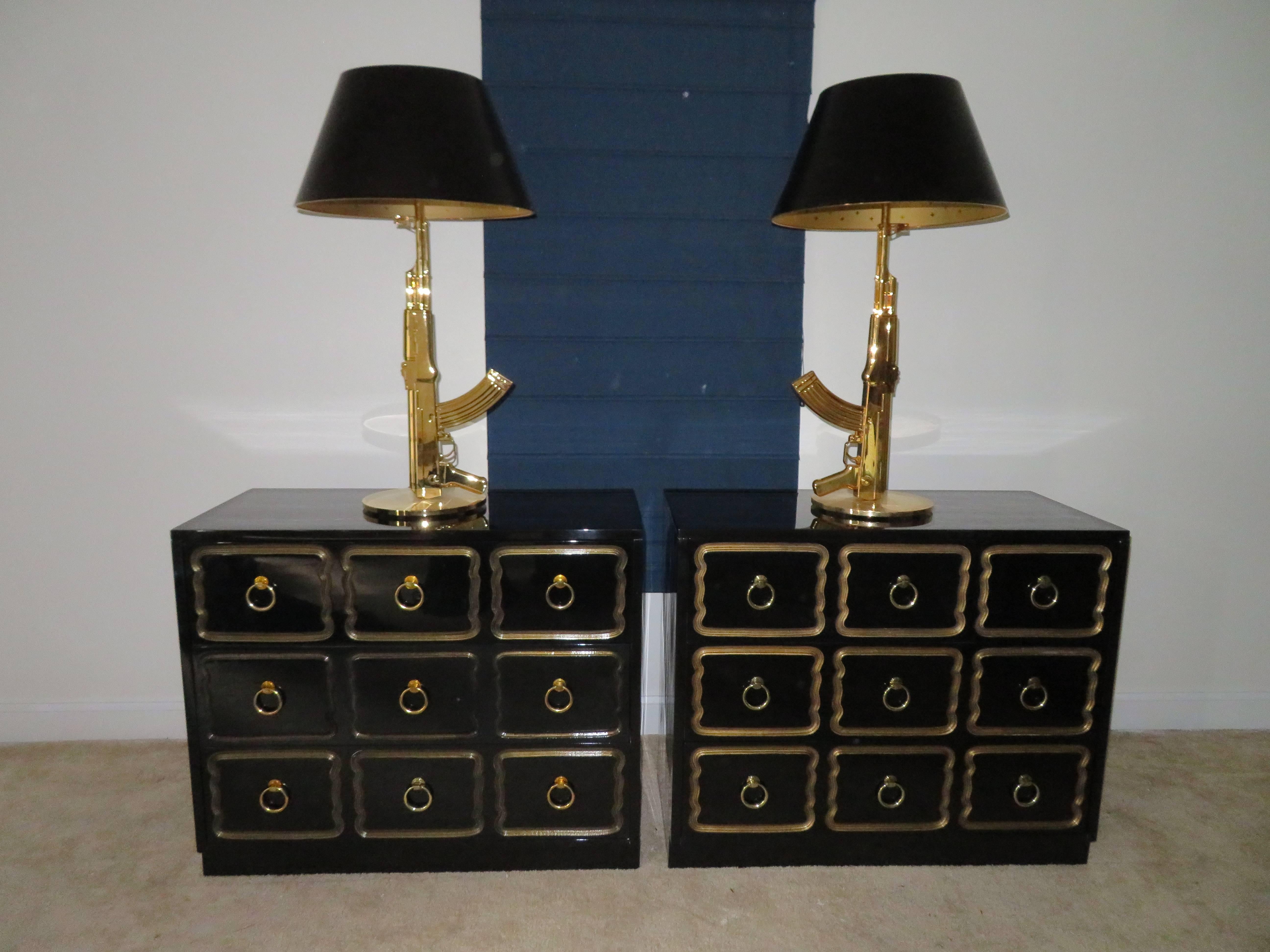 Pair of Hollywood Regency Black Lacquered Espana Dorothy Draper Designed Chests 3