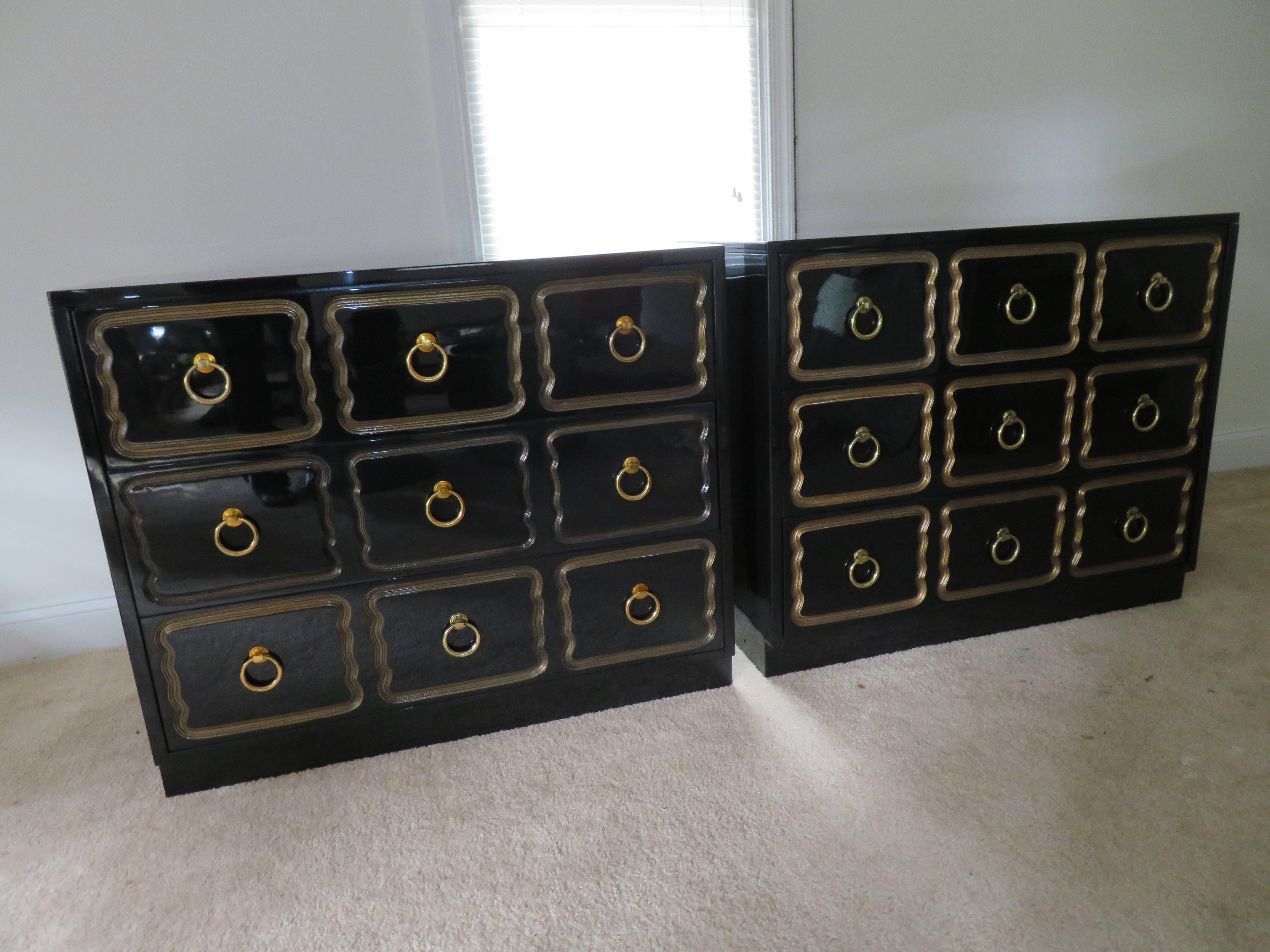 Pair of Hollywood Regency Black Lacquered Espana Dorothy Draper Designed Chests 4