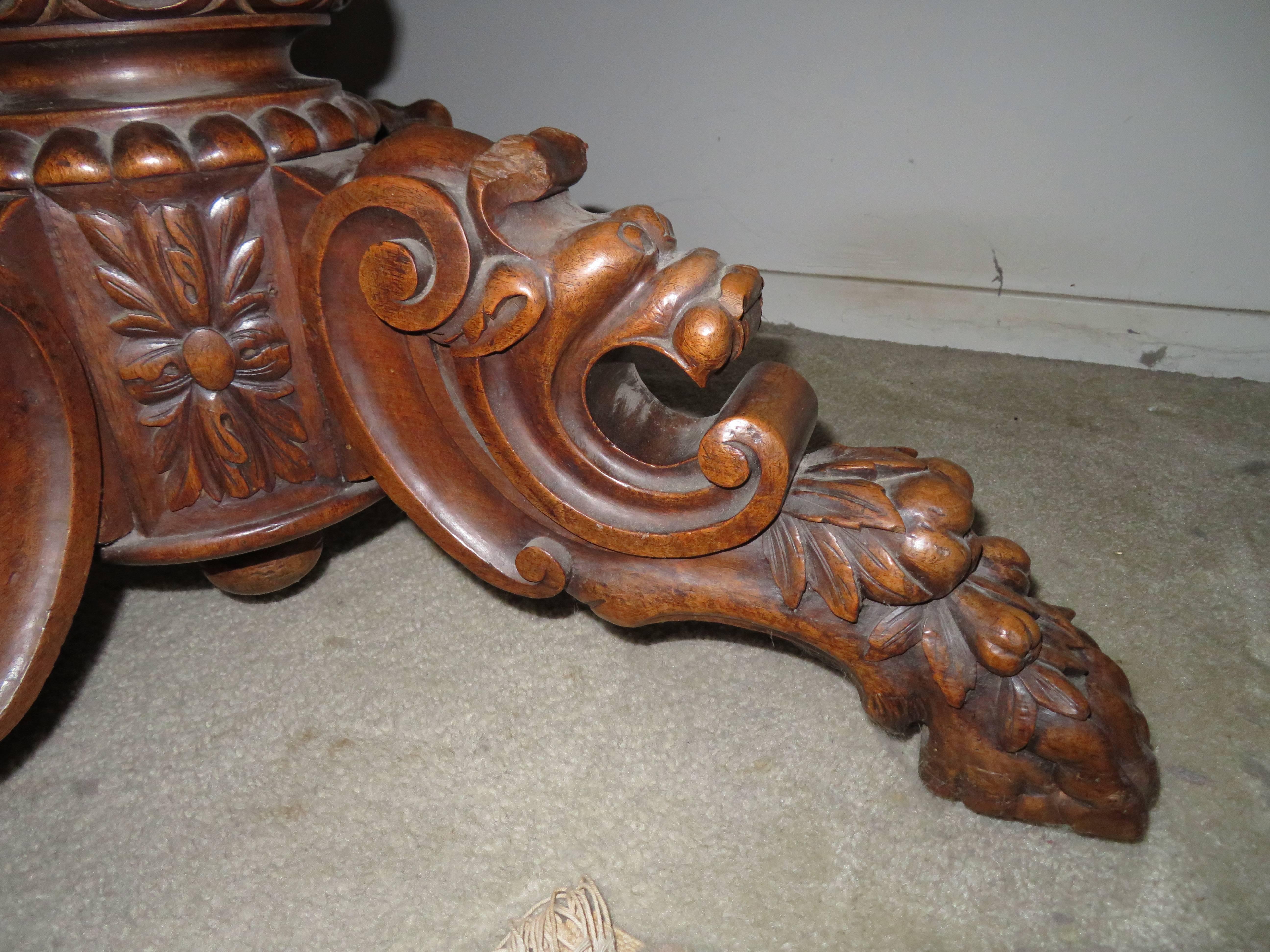 Gothic Revival Antique French Carved Griffin Oval Pecan Dining Table Renaissance Gothic For Sale