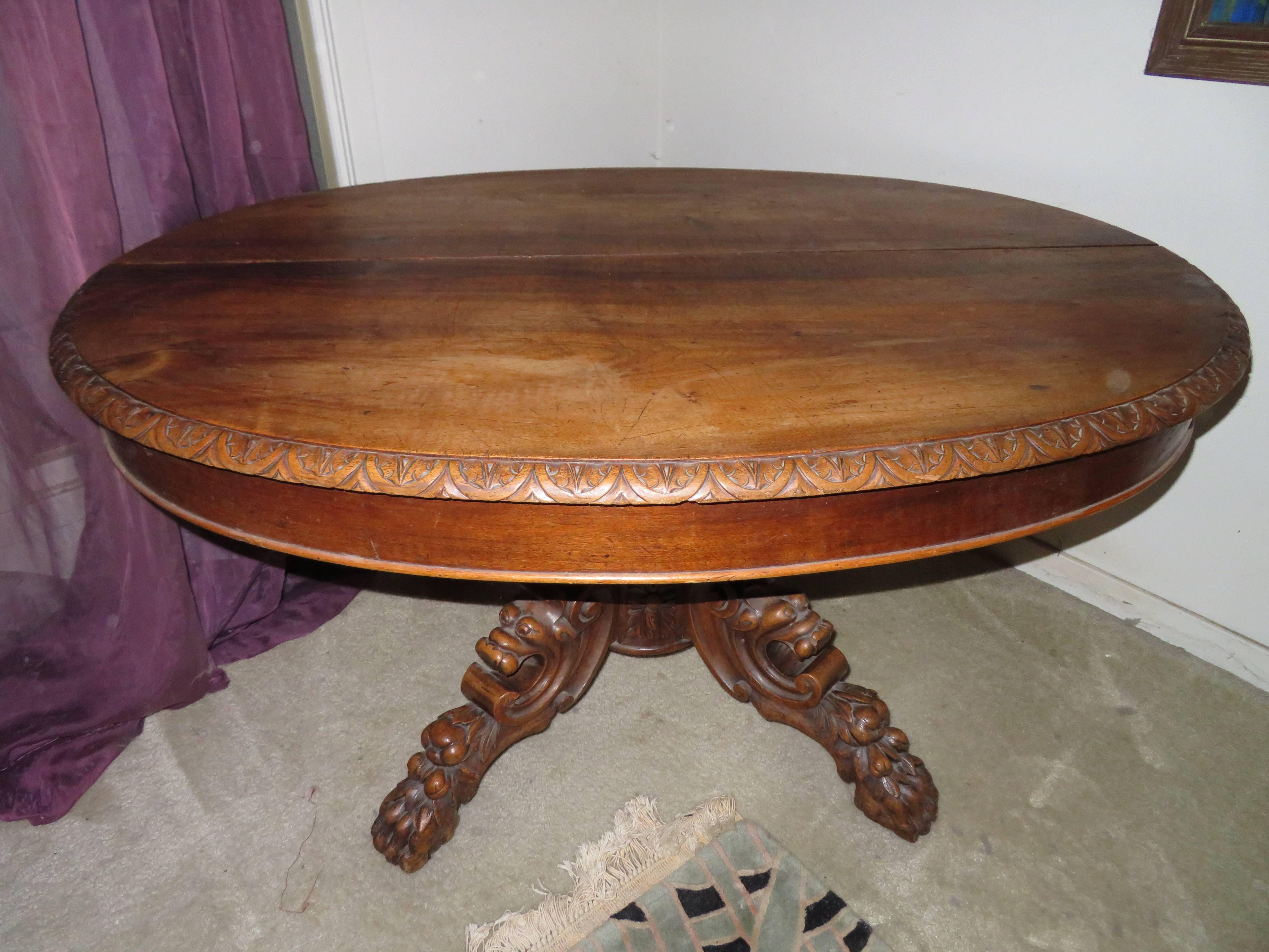 Antique French Carved Griffin Oval Pecan Dining Table Renaissance Gothic For Sale 2