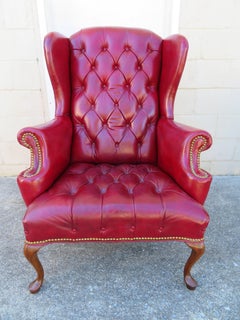 Handsome Chesterfield Tufted Red Leather Wingback Chair and Ottoman Midcentury