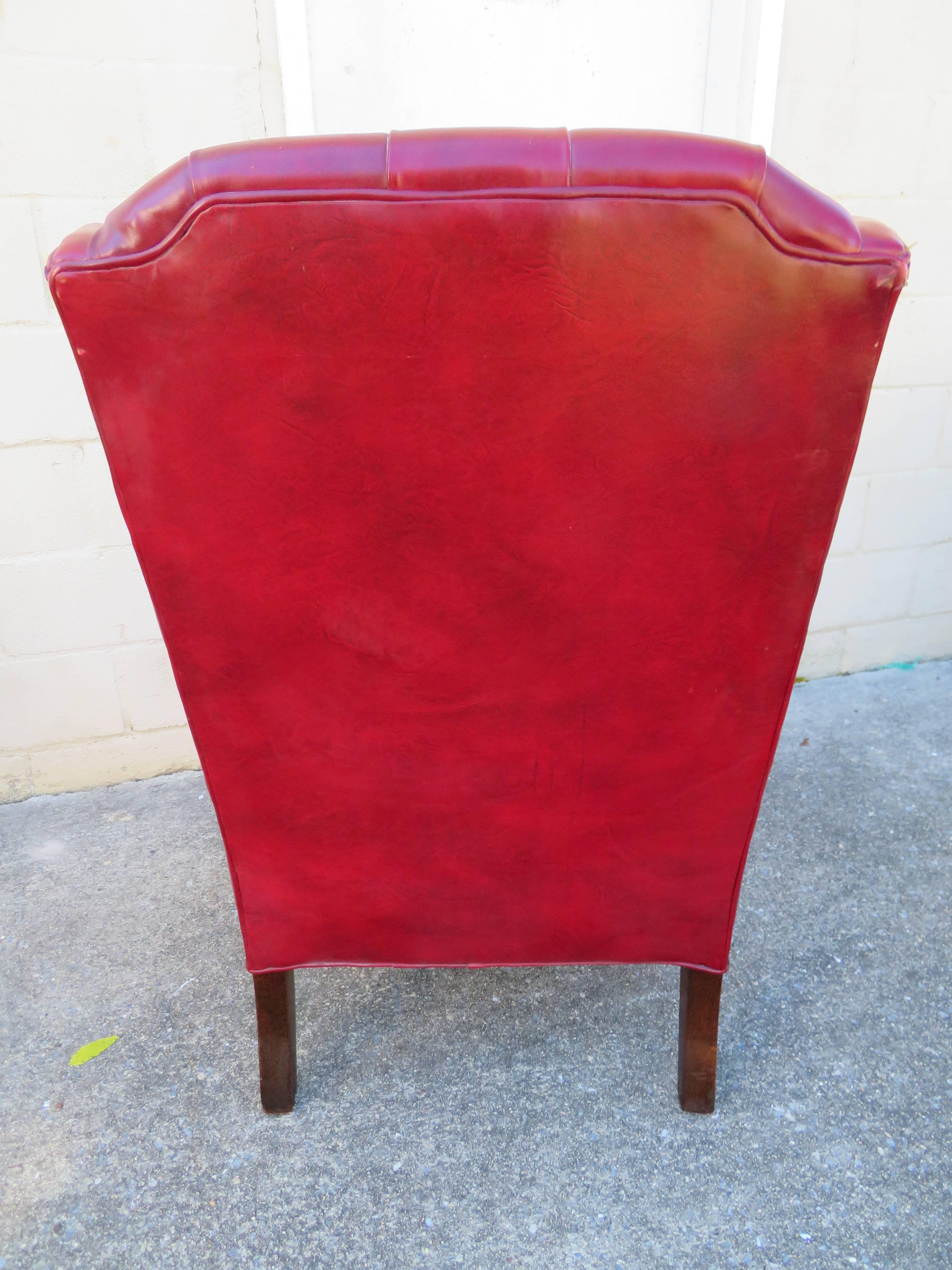 Handsome Chesterfield Tufted Red Leather Wingback Chair and Ottoman Midcentury In Good Condition In Pemberton, NJ