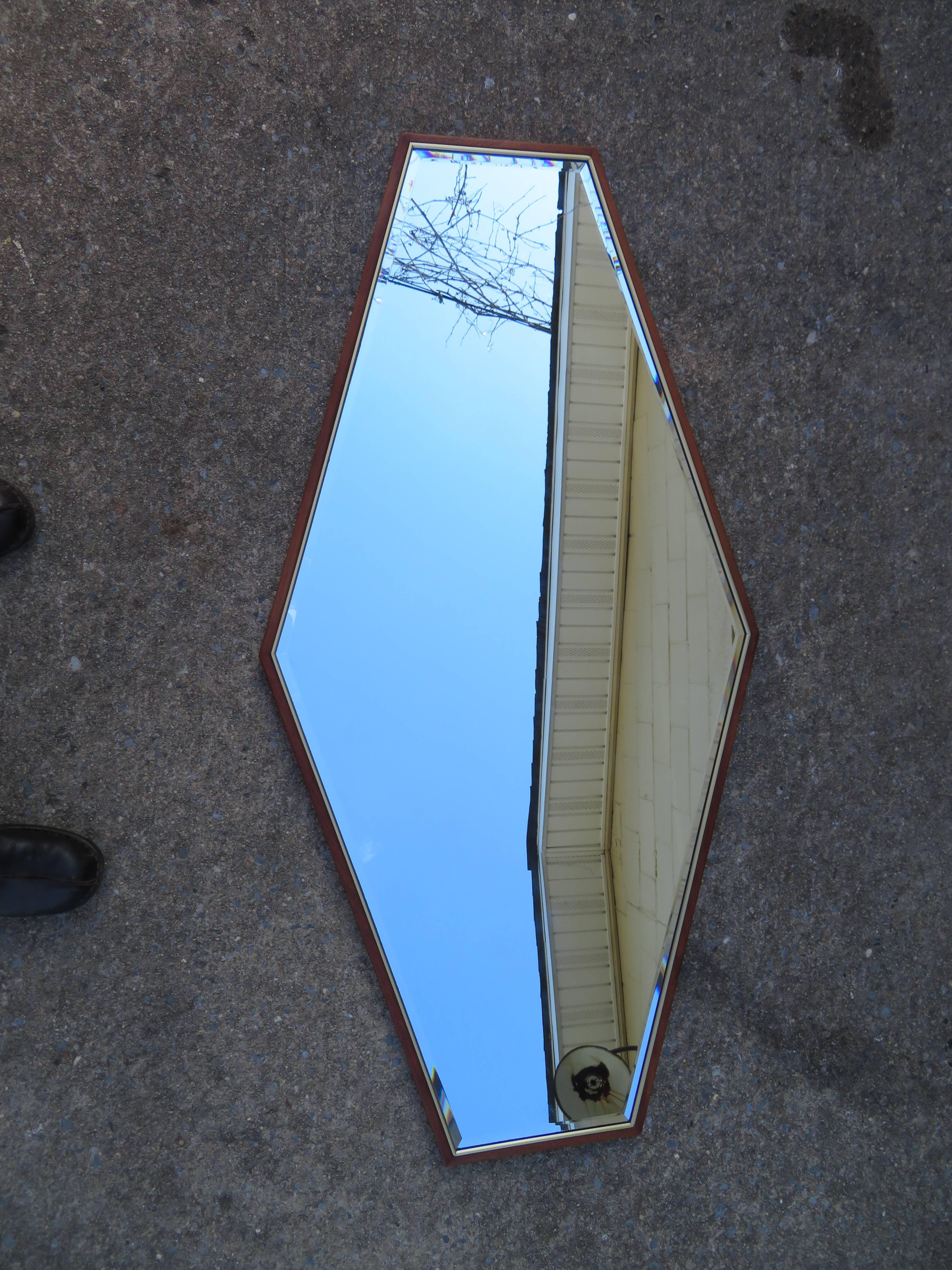 Lovely Mid-Century Modern Walnut Diamond Shaped Mirror 1