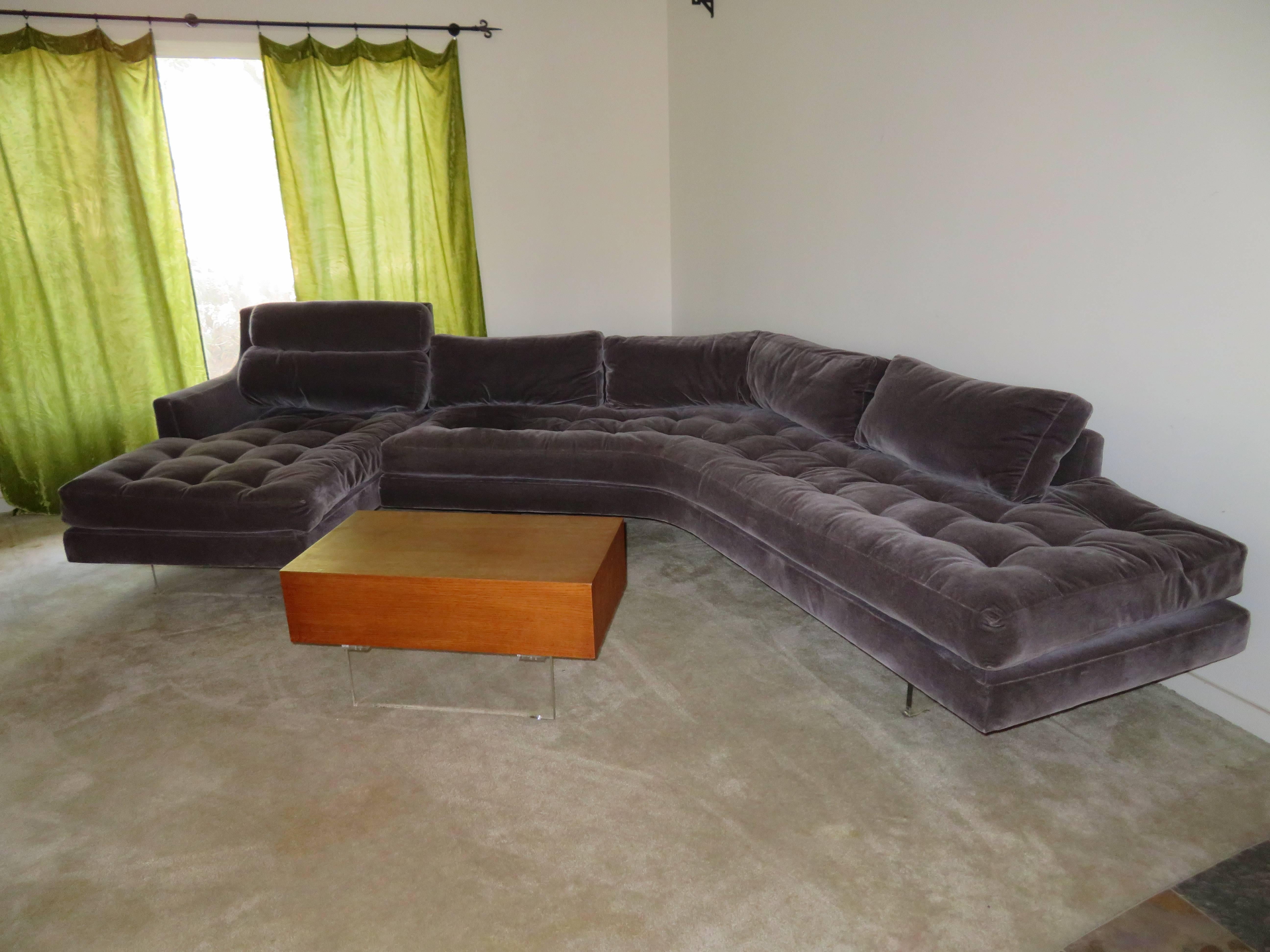 Gorgeous two-piece Omnibus sectional sofa with matching light wood coffee table by Vladimir Kagan, USA, circa 1975. Loose seat and back cushions filled with a down blend make these pieces exceptionally comfortable. Upholstered about 20 years ago in
