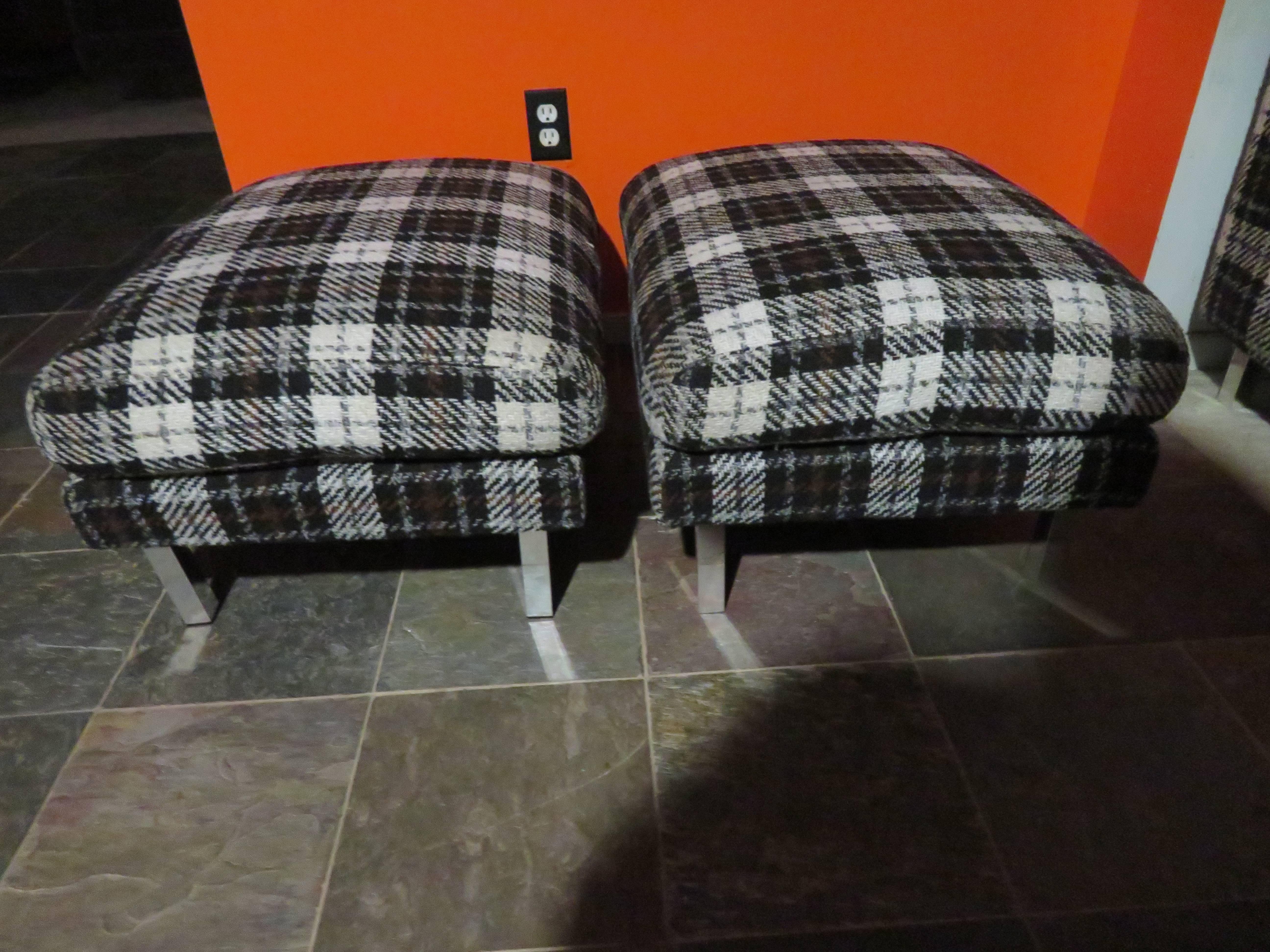 Handsome pair of Milo Baughman style chrome leg ottoman stools.