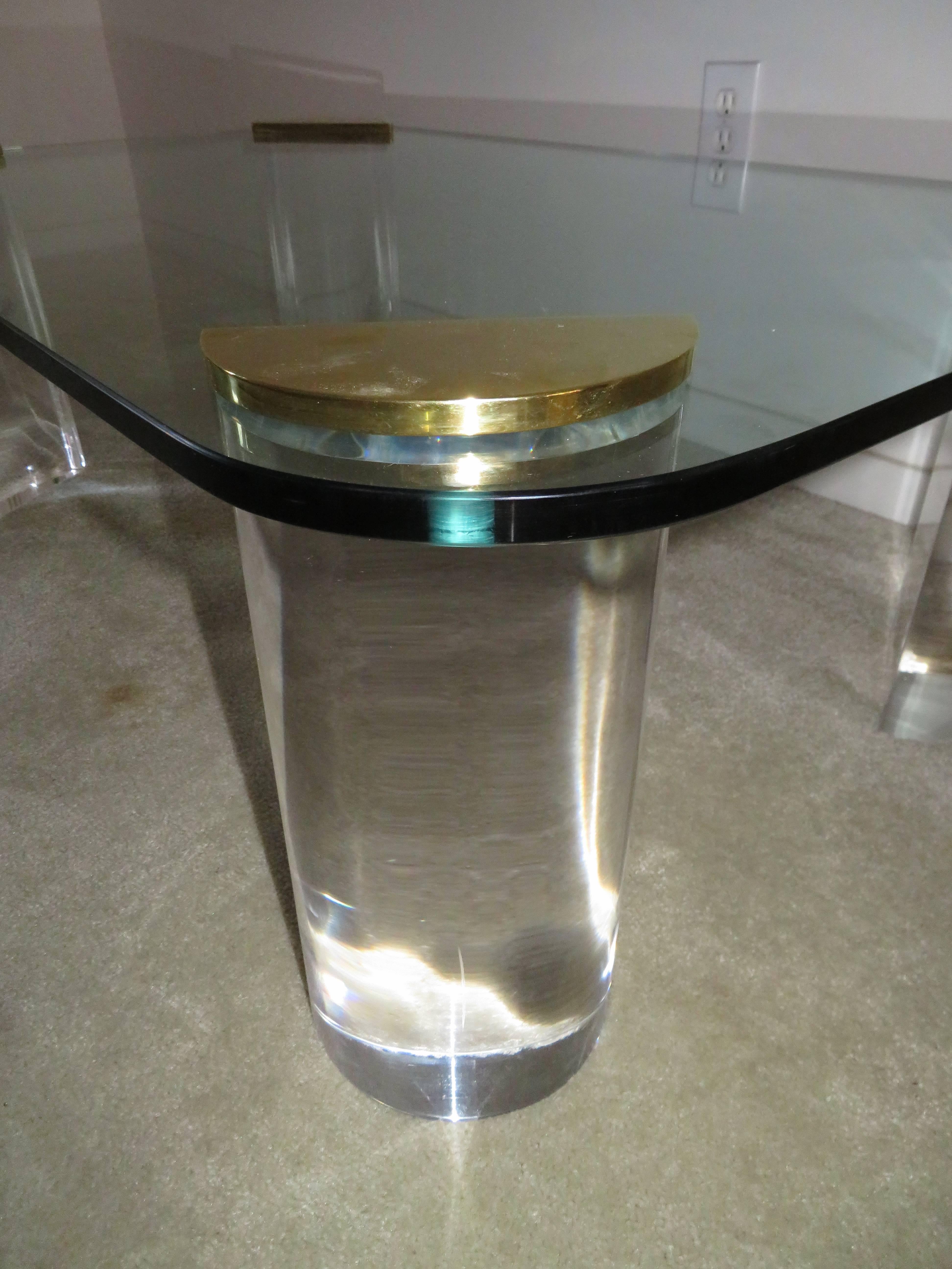 American Chunky Lucite Brass Coffee Table Midcentury