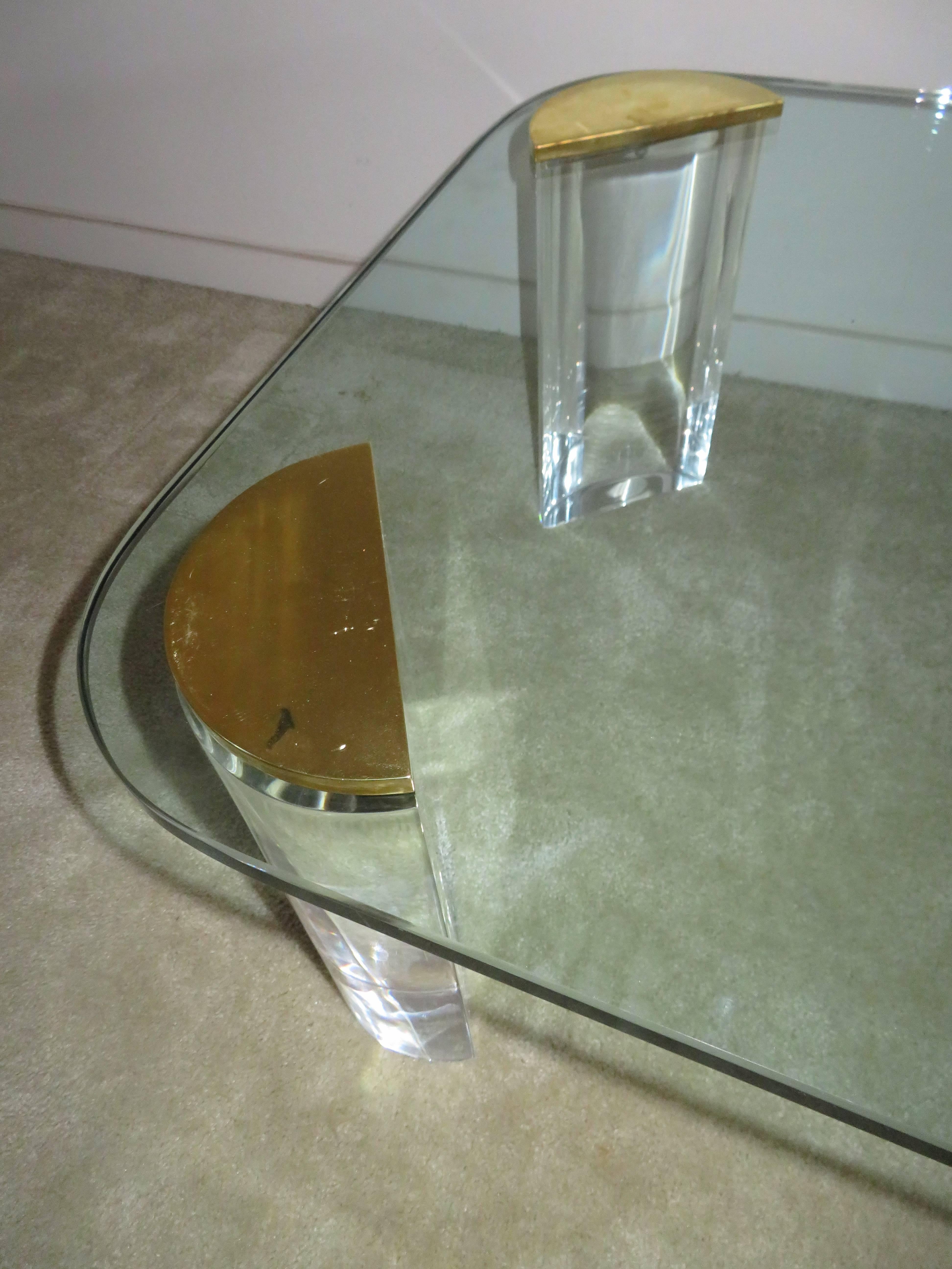 Chunky Lucite Brass Coffee Table Midcentury 1