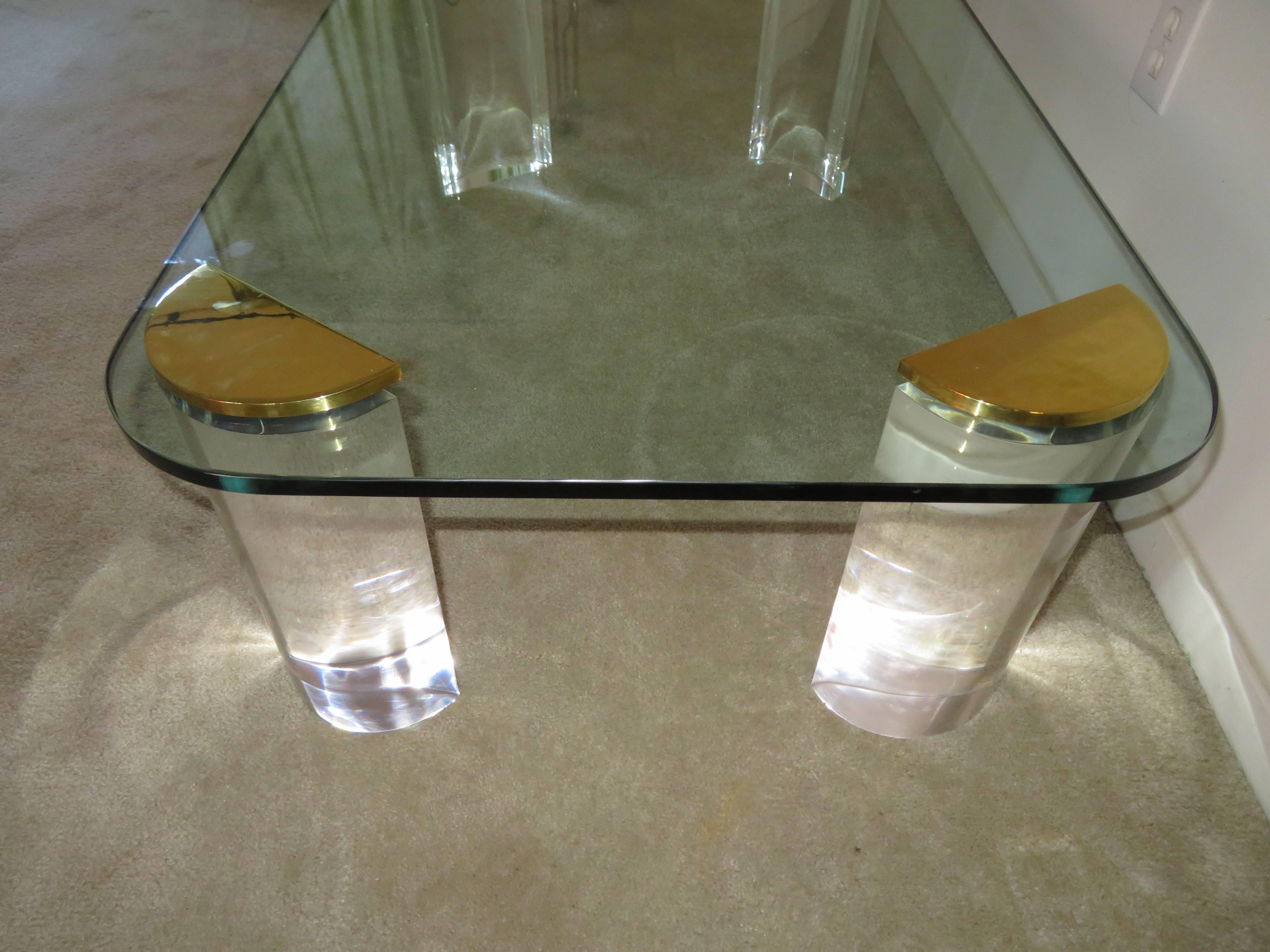 Chunky Lucite Brass Coffee Table Midcentury In Good Condition In Pemberton, NJ