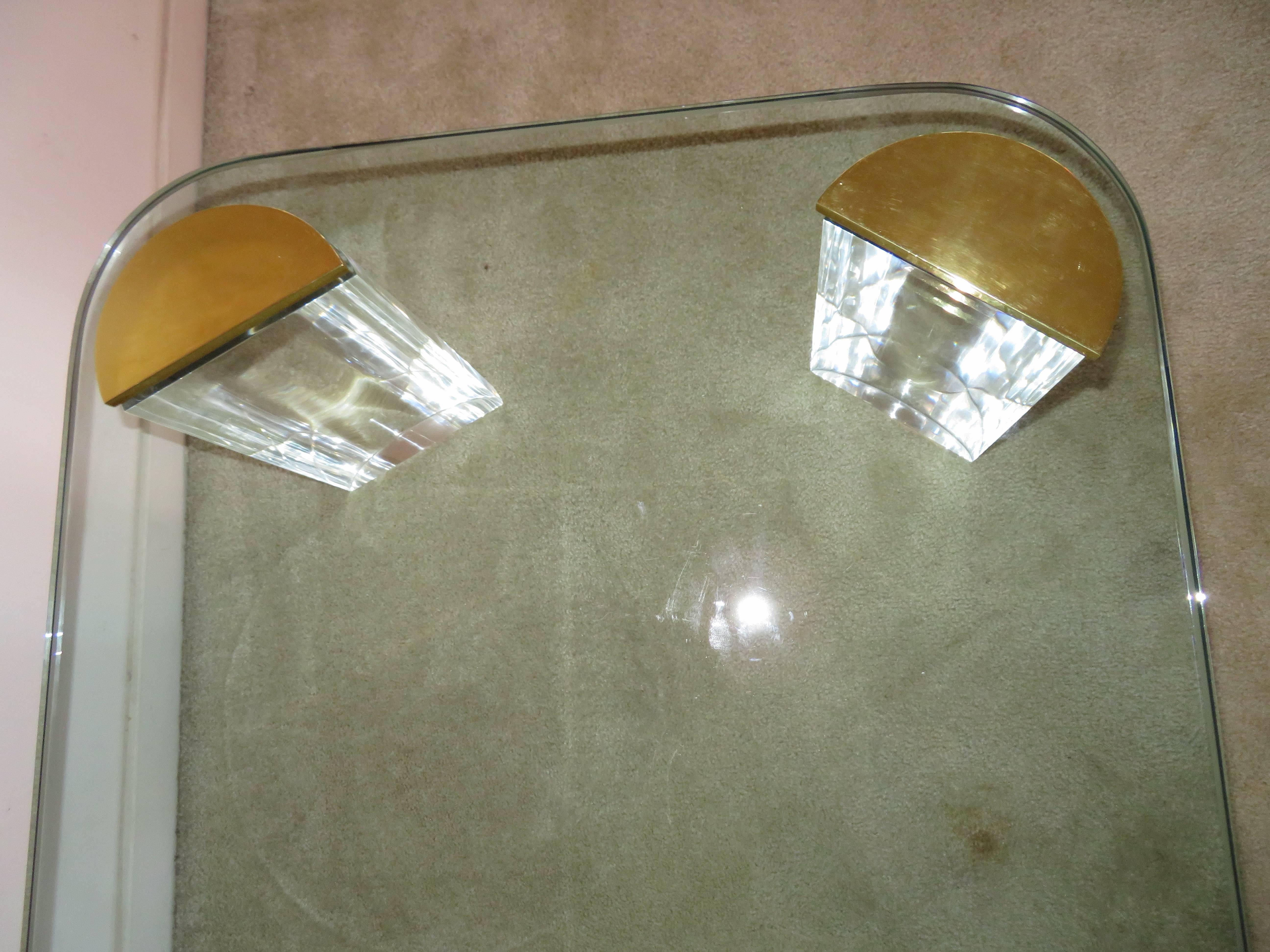 Late 20th Century Chunky Lucite Brass Coffee Table Midcentury