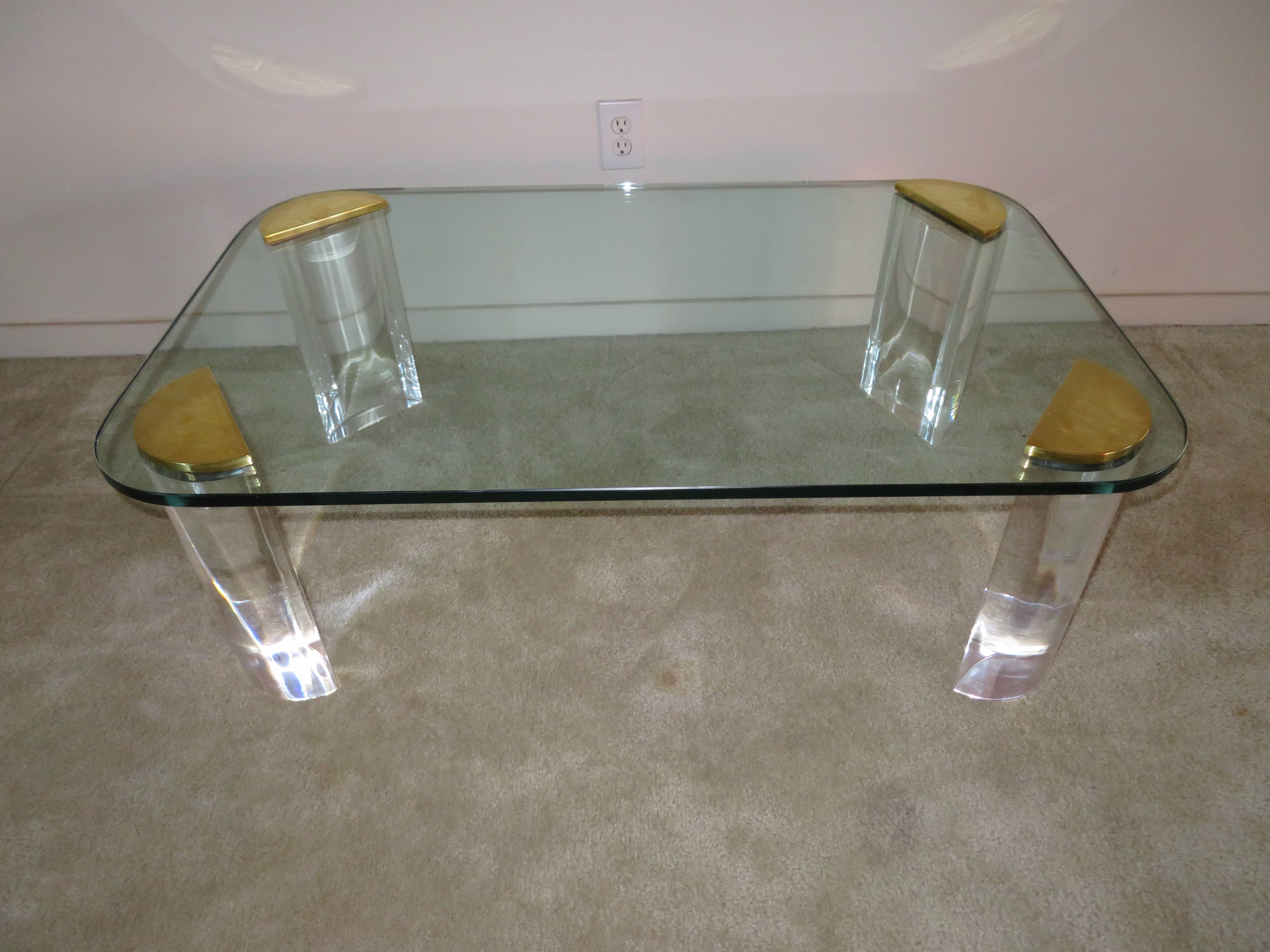 Chunky Lucite Brass Coffee Table Midcentury 2