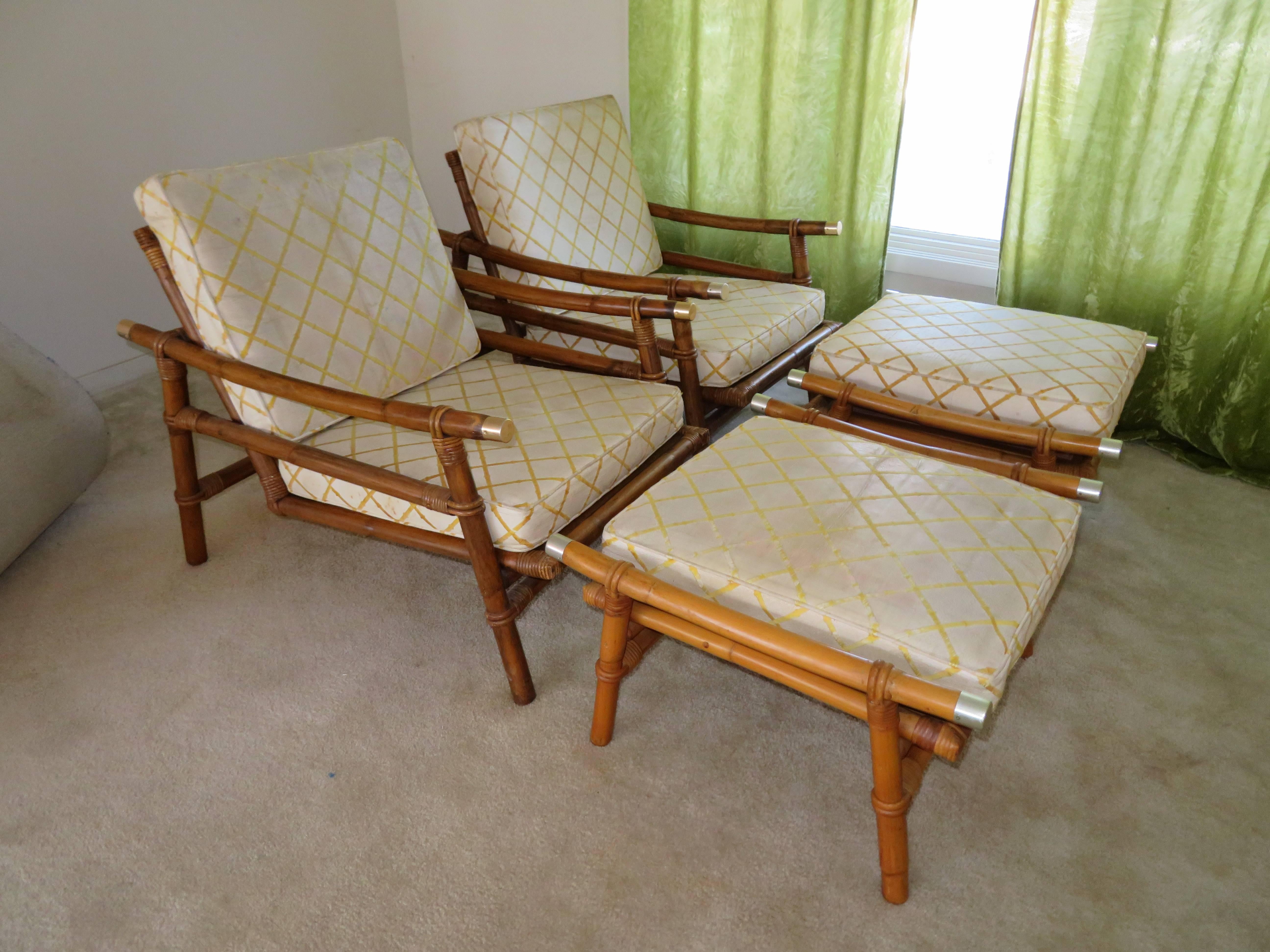 Stylish Pair of John Wisner for Ficks Reed Bamboo Lounge Chairs and Ottomans 2