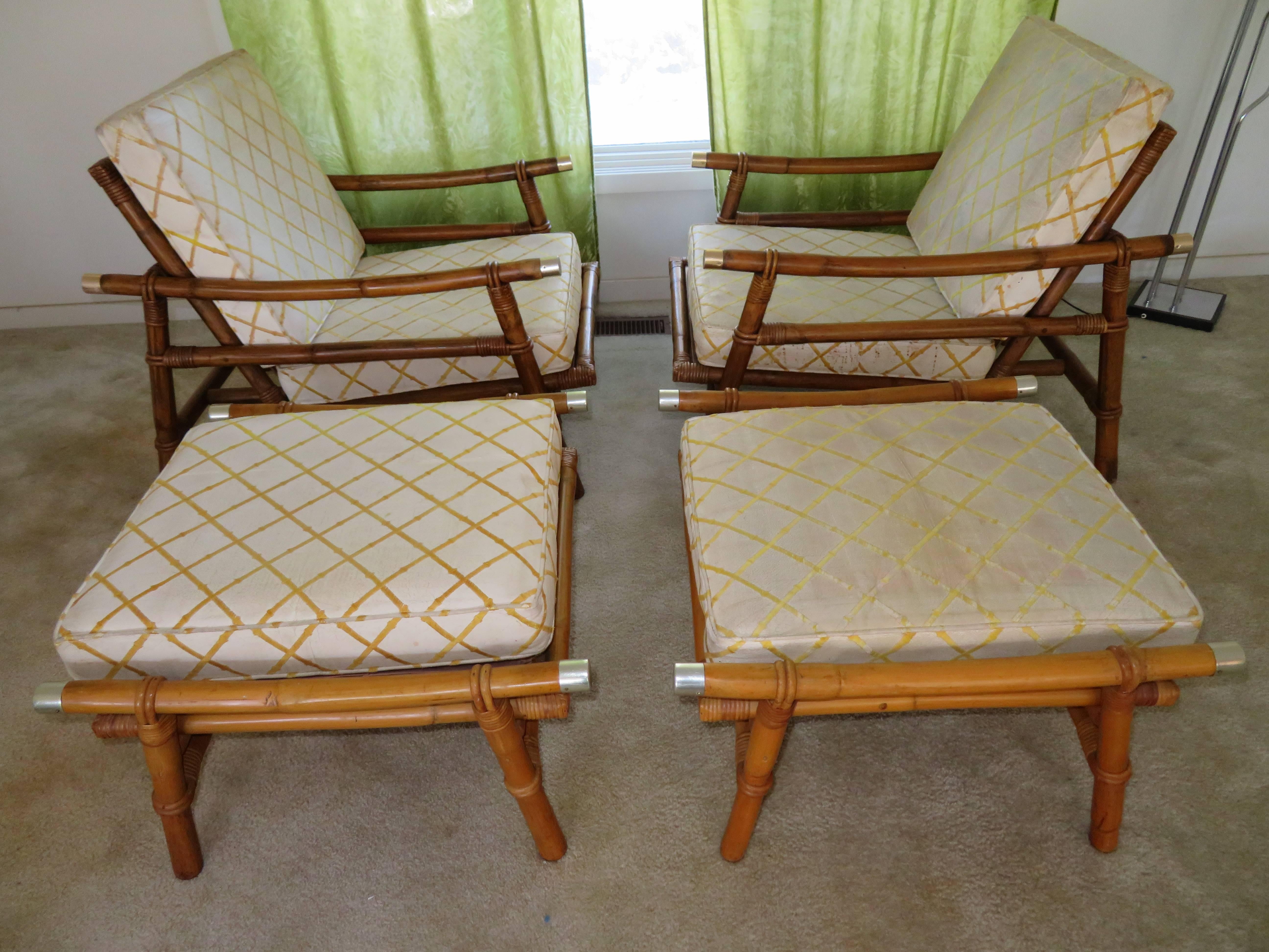 Stylish Pair of John Wisner for Ficks Reed Bamboo Lounge Chairs and Ottomans 3