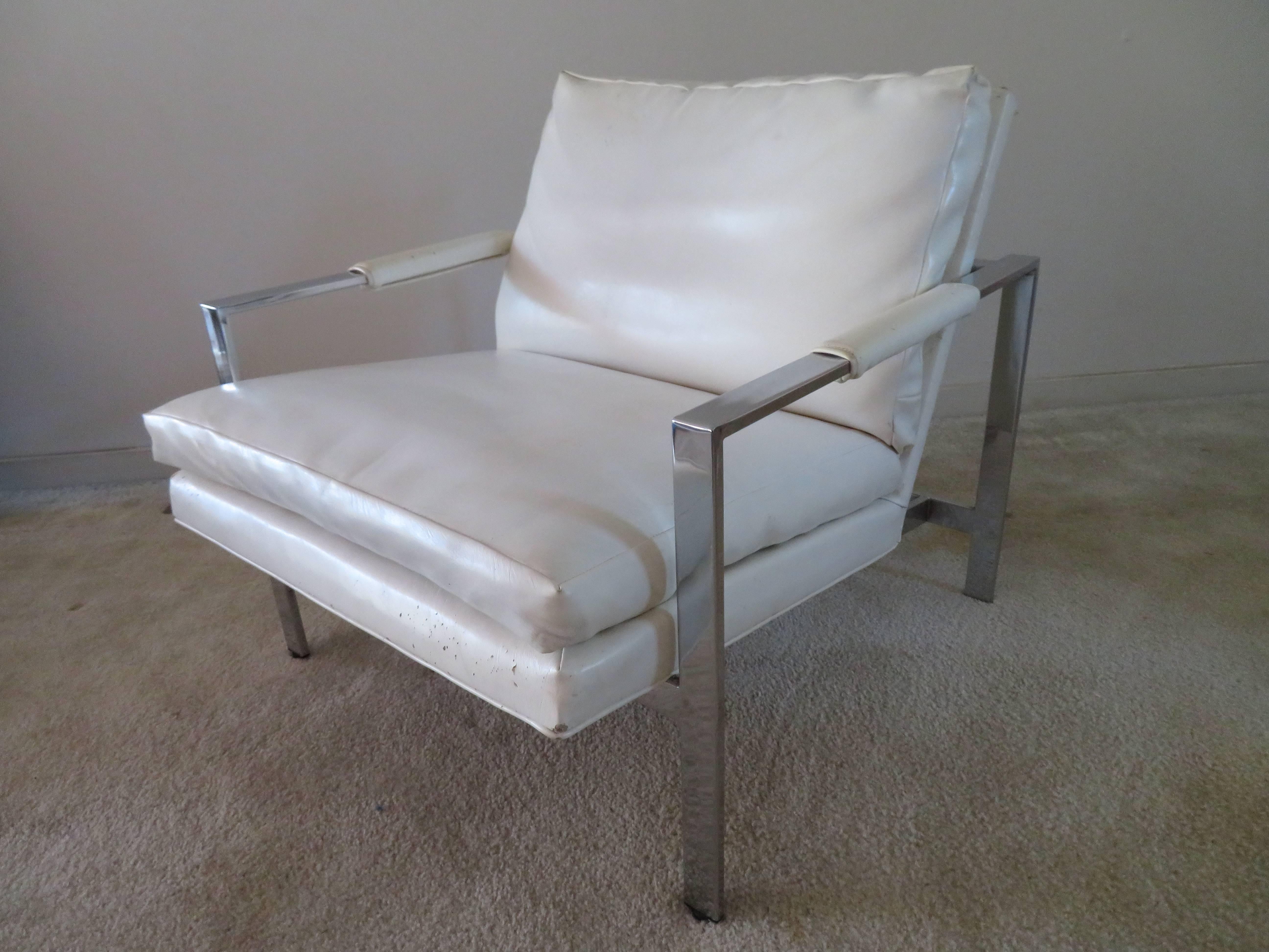 Lovely Milo Baughman chrome flatbar lounge chair. This chair will need new upholstery but the chrome is in fine shape-ready for your client’s favorite upholstery.
