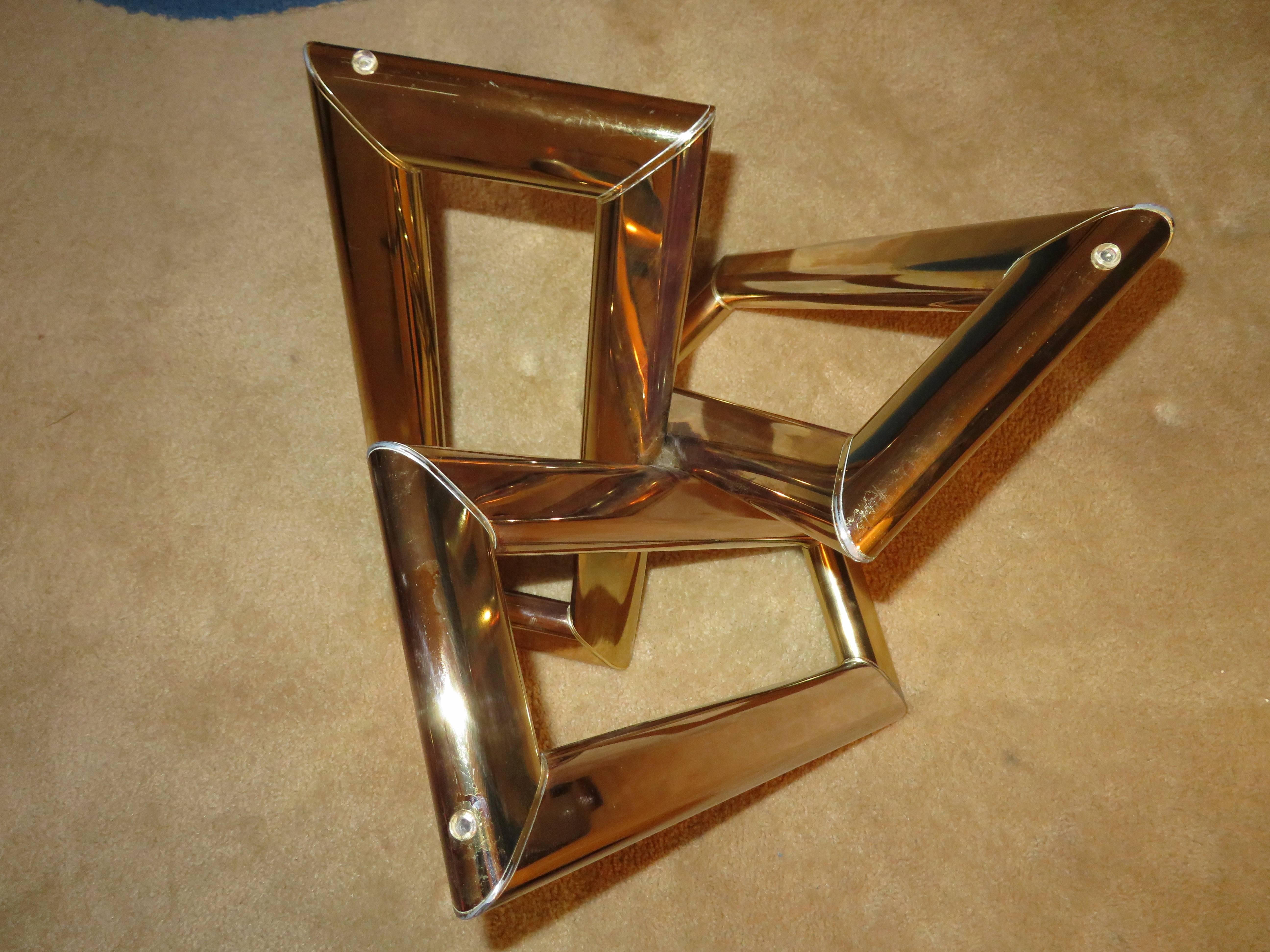 Glass Interesting Pair 1970s Brass Geometric Modern Side Table Mid-Century Modern For Sale