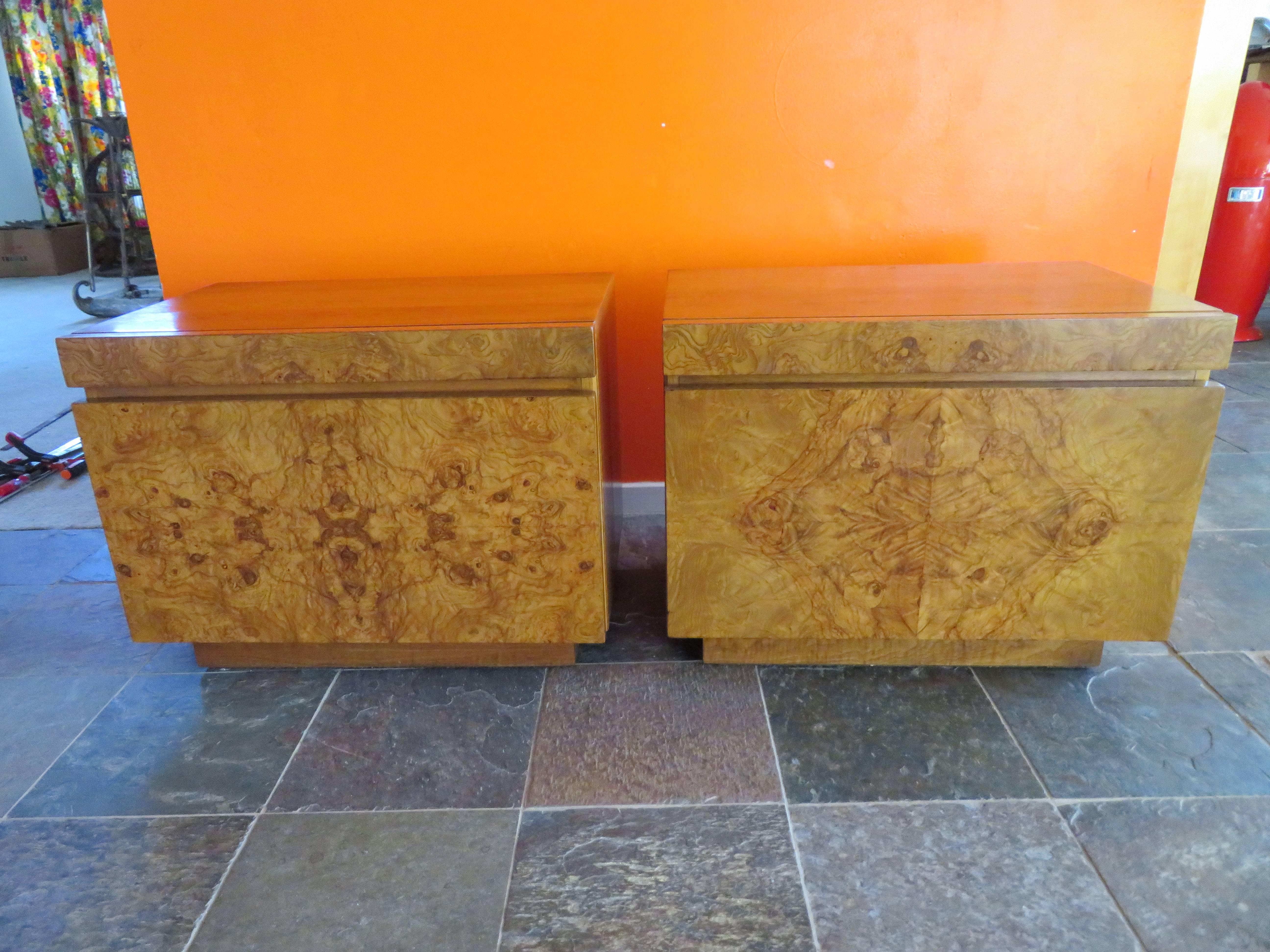 Gorgeous Pair of Burl Olive Wood Midcentury Nightstands by Roland Carter, Lane 3