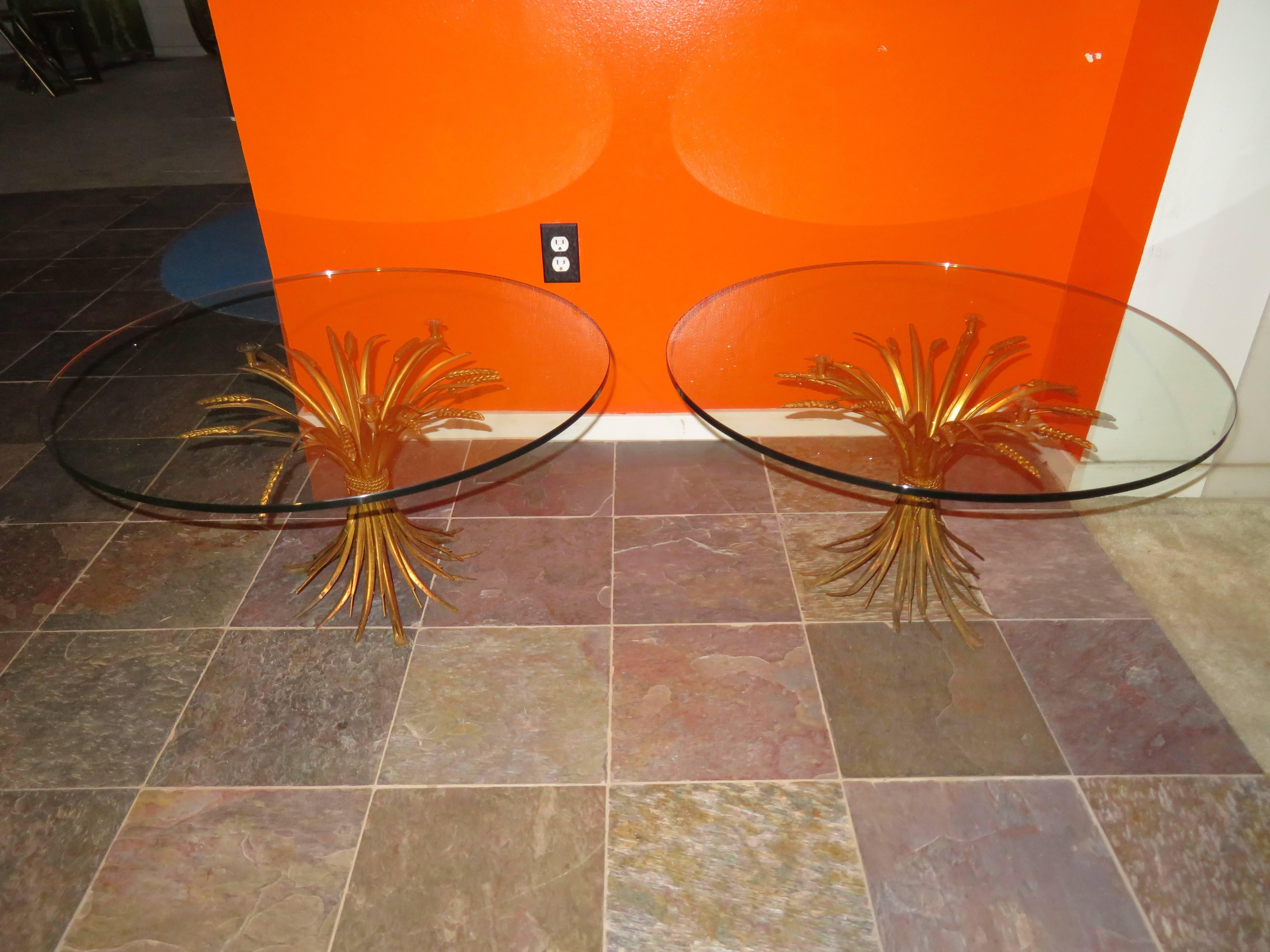 Glass Fabulous Pair of Coco Chanel Style Gilded Wheat Side End Tables